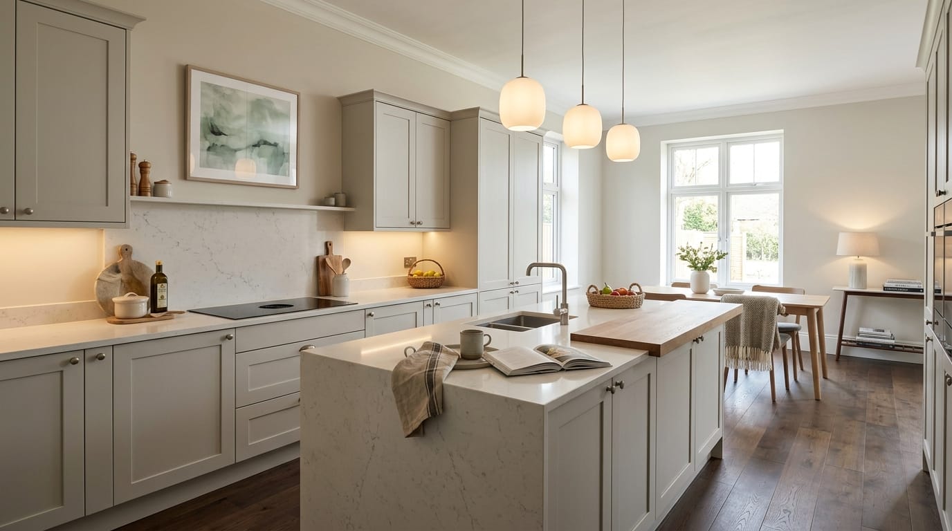 hero_1200x675-344 light grey shaker kitchen with marble island and pendant lights