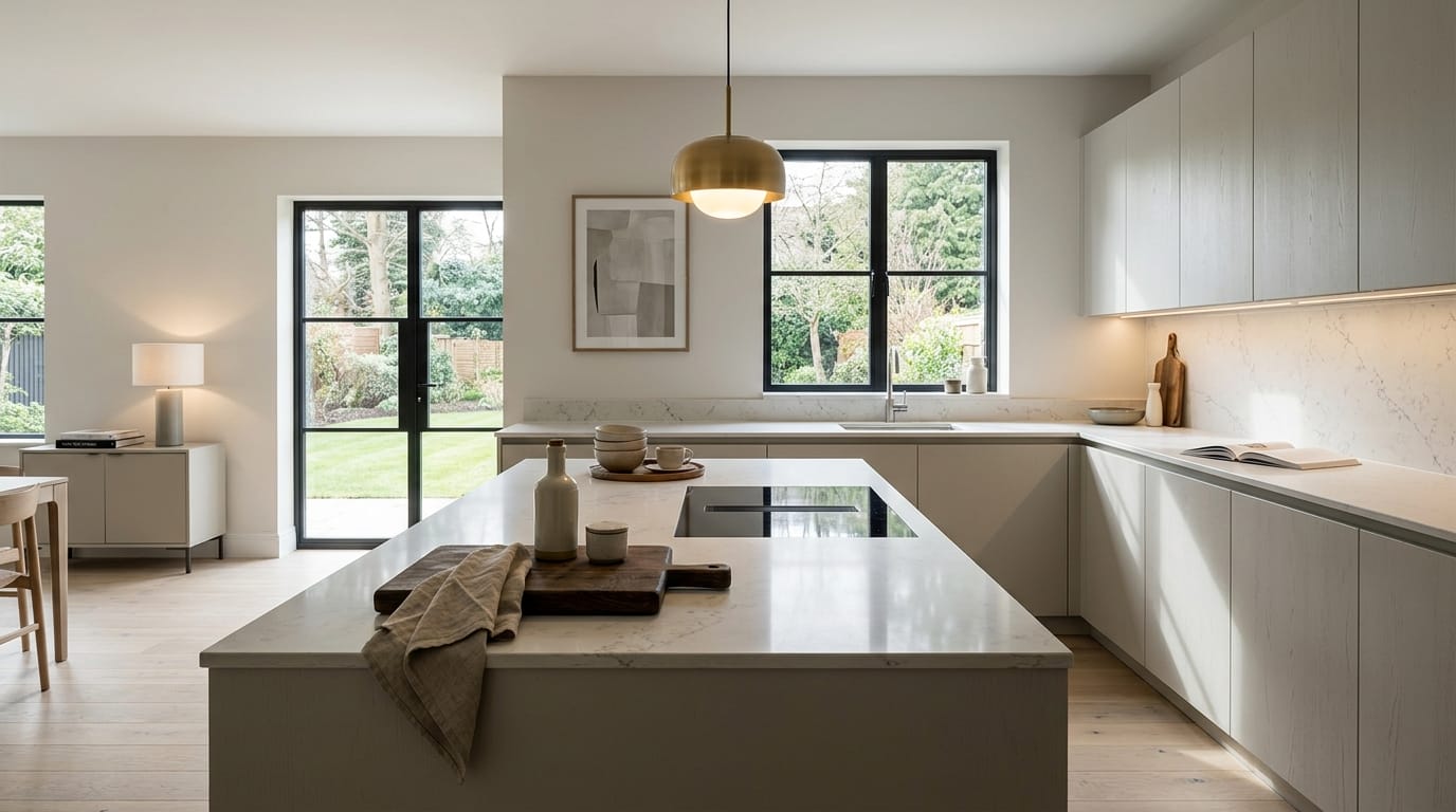 hero_1200x675-346 Wide view of a bespoke Mastercraft kitchen, contemporary painted lay-on cabinetry in lava tones