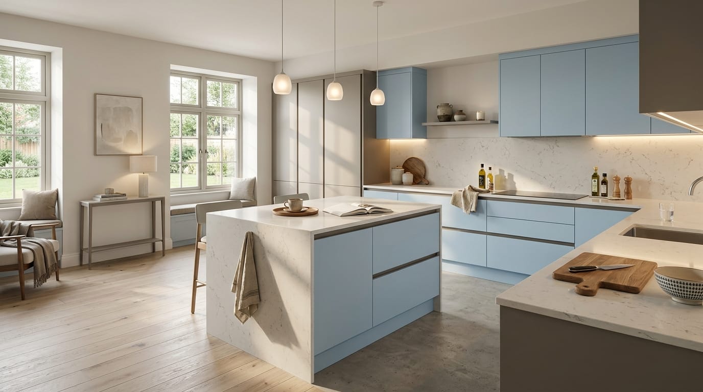 hero_1200x675-35 Wide view of a newly completed bespoke Mastercraft kitchen, matt painted handleless slab cabinetry in dust grey tones
