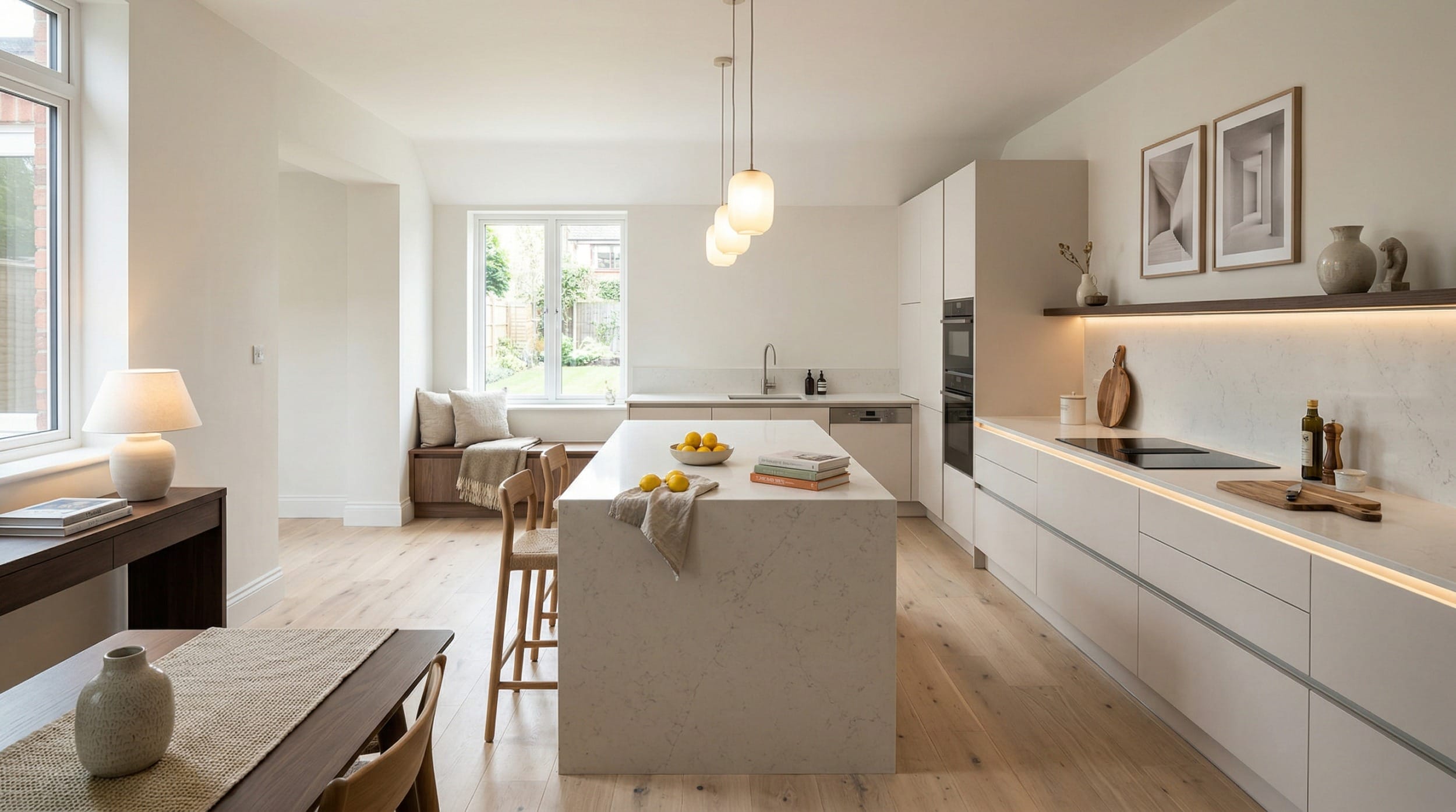 hero_1200x675-350 Light wood floor, white island, pendant lights, and open shelving in Mastercraft kitchen
