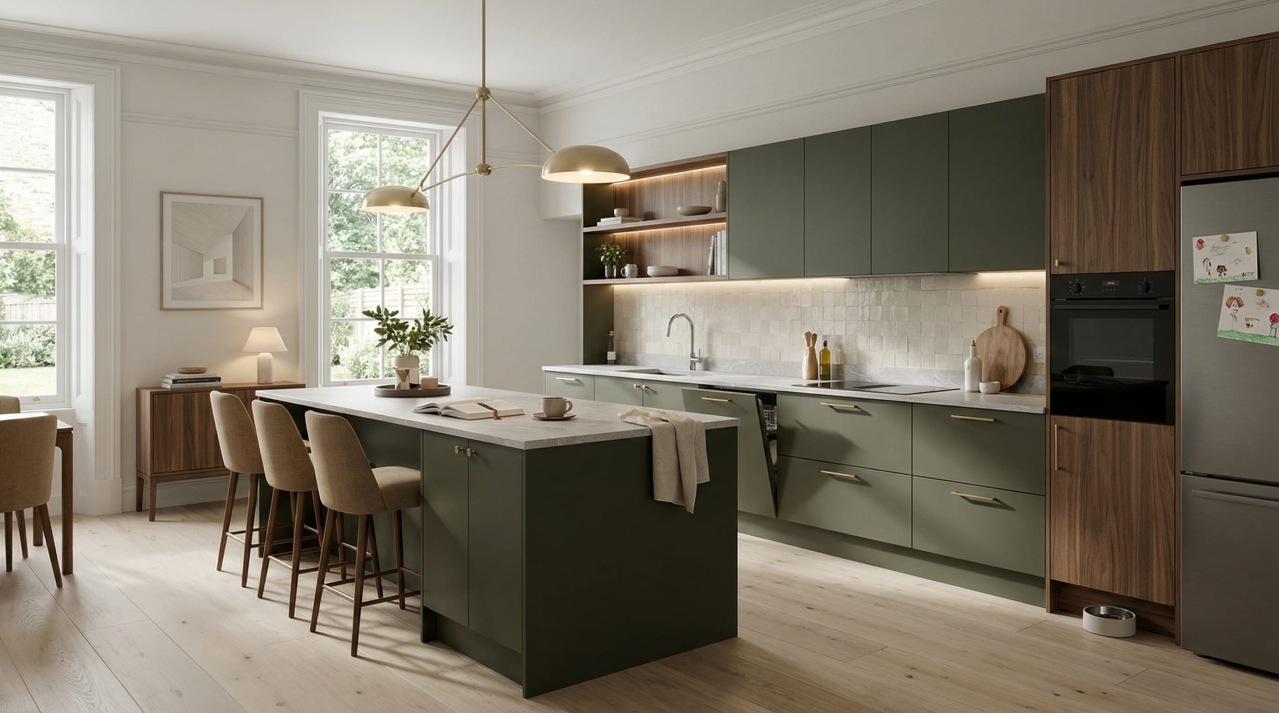 sage green and wood kitchen with marble island and gold pendant light