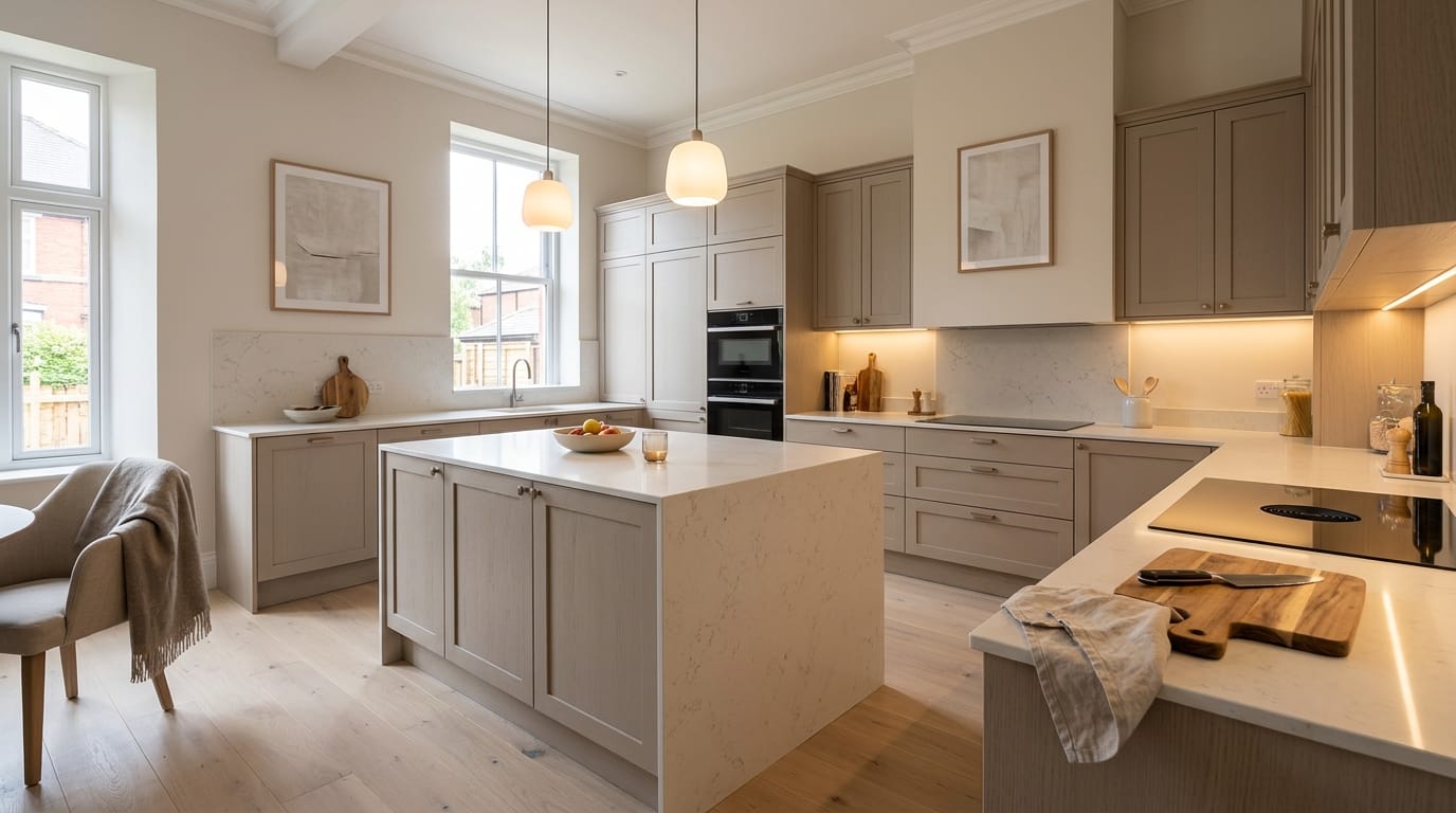 light wood kitchen with marble island and pendant lighting