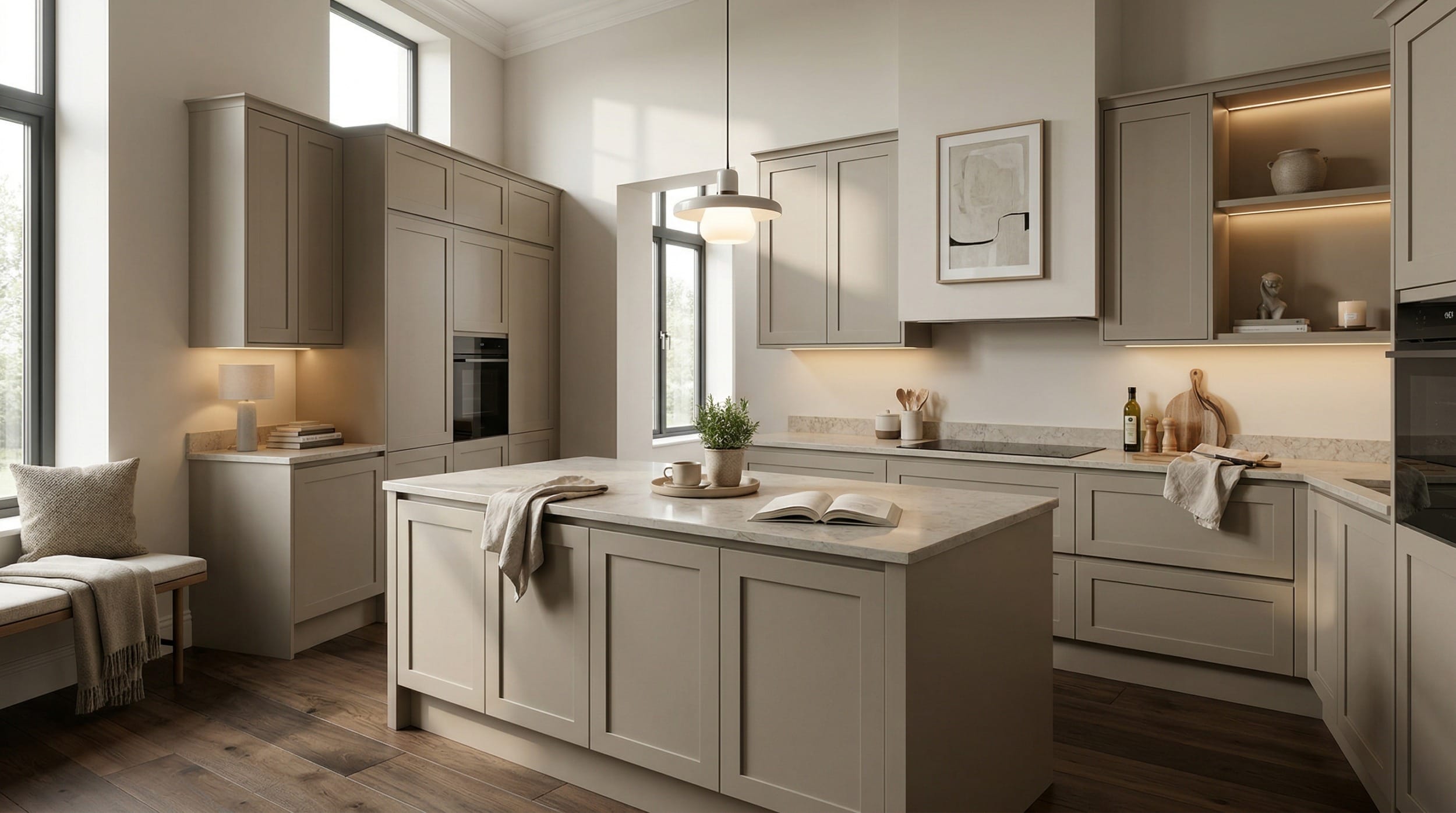 Wide view of a bespoke Mastercraft kitchen, contemporary in-frame cabinetry in reed green tones
