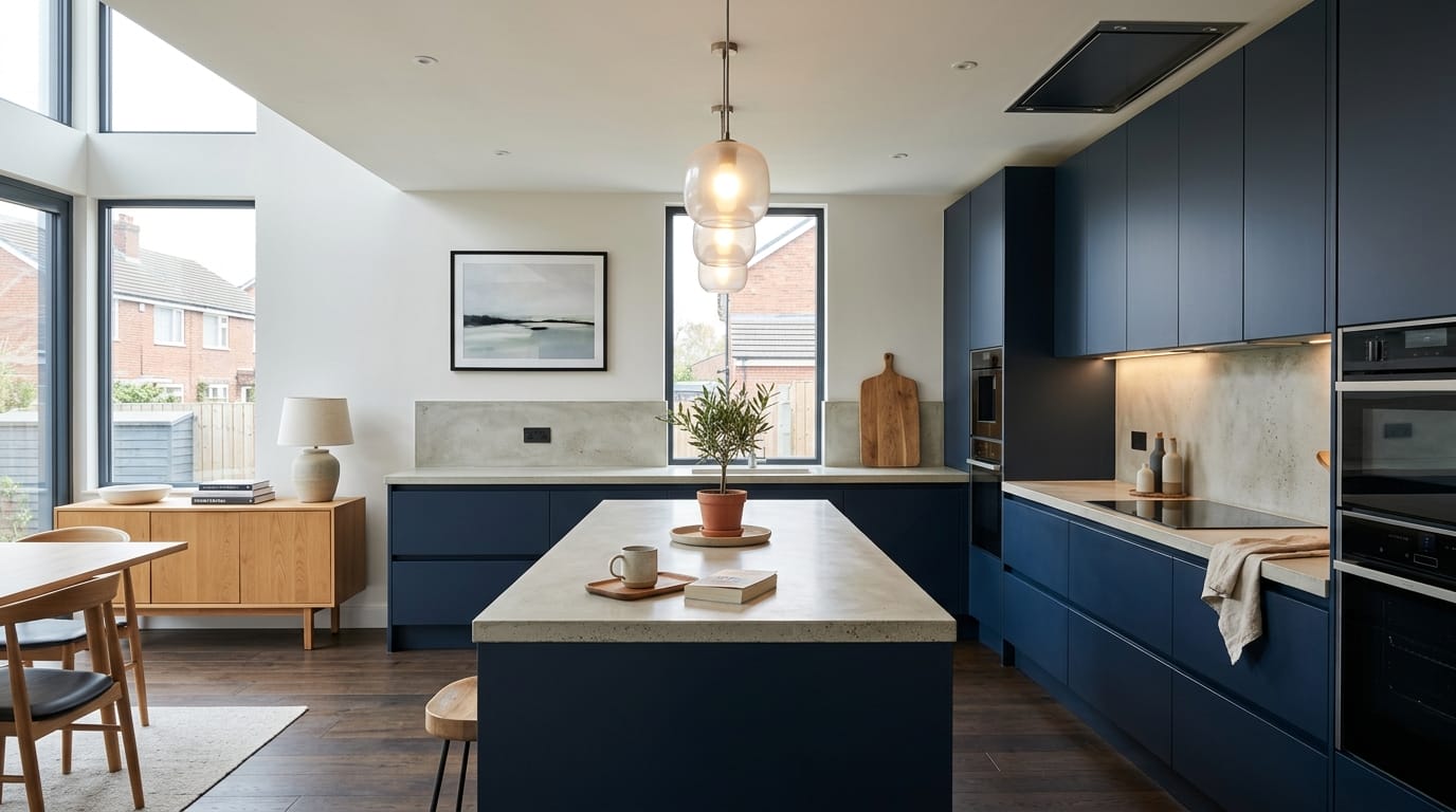 matte navy units with concrete worktops and pendant glass lights