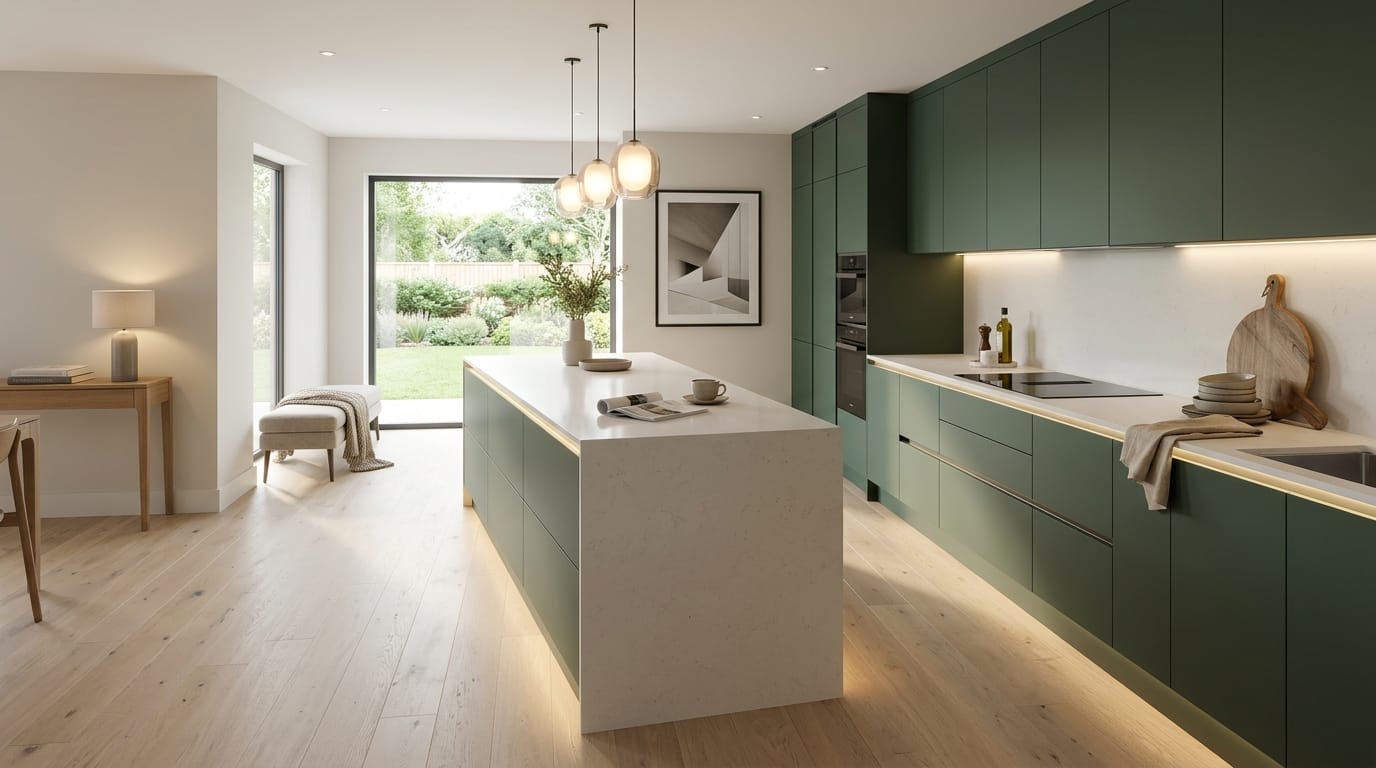 matte green kitchen units with white island and light wood flooring