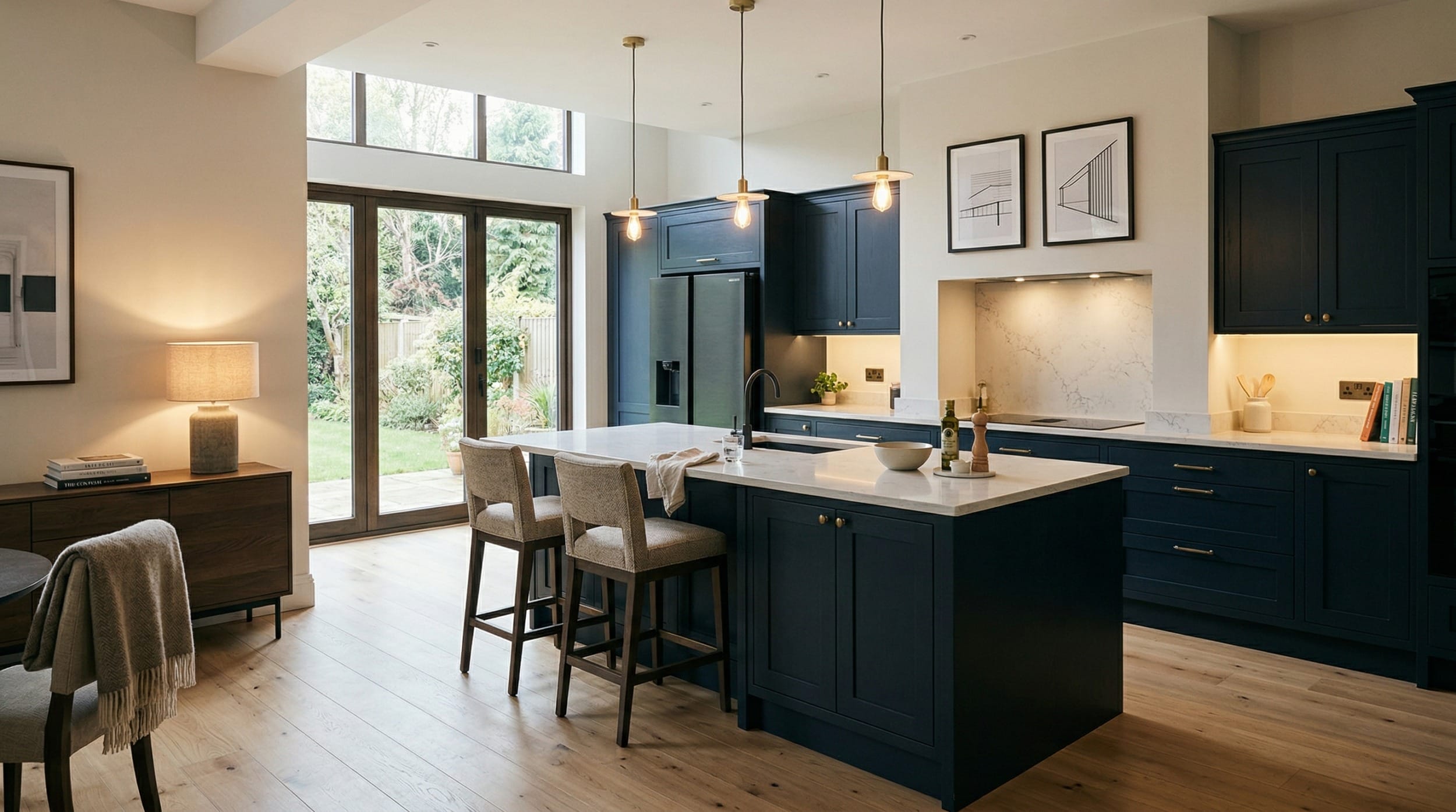 hero_1200x675-356 Wide view of a bespoke Mastercraft kitchen, modern shaker cabinetry in heritage green tones