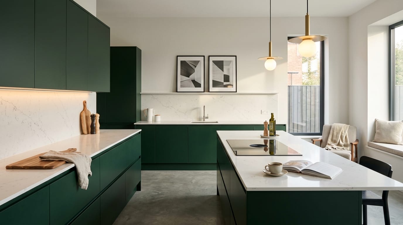 Modern Mastercraft kitchen with matte green units, white worktops, and pendant lights