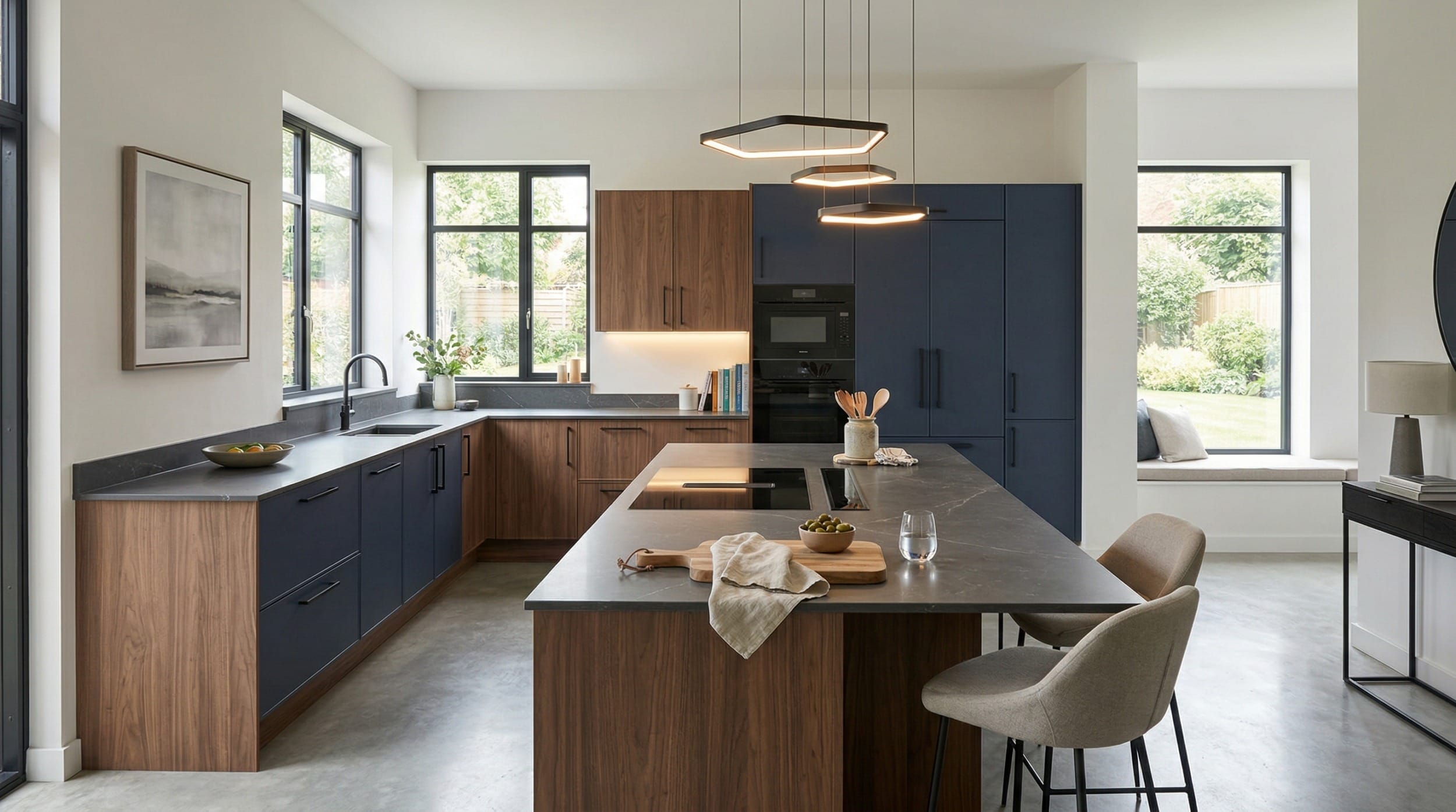 modern kitchen with wood and navy units, geometric pendant lights, large windows