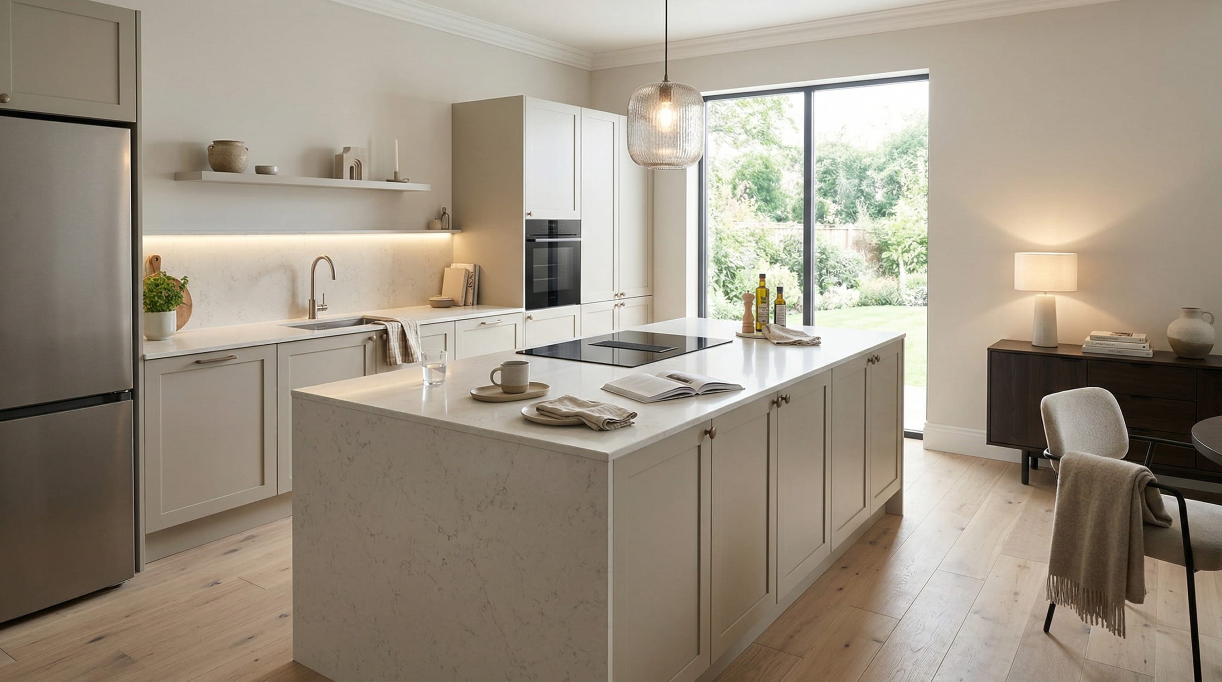 hero_1200x675-359 Wide view of a bespoke Mastercraft kitchen, contemporary painted lay-on cabinetry in stone tones