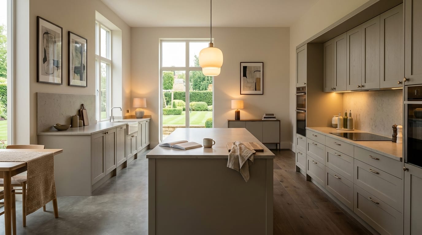 Wide view of a newly completed bespoke Mastercraft kitchen, timber veneer slab-door cabinetry in light teal tones