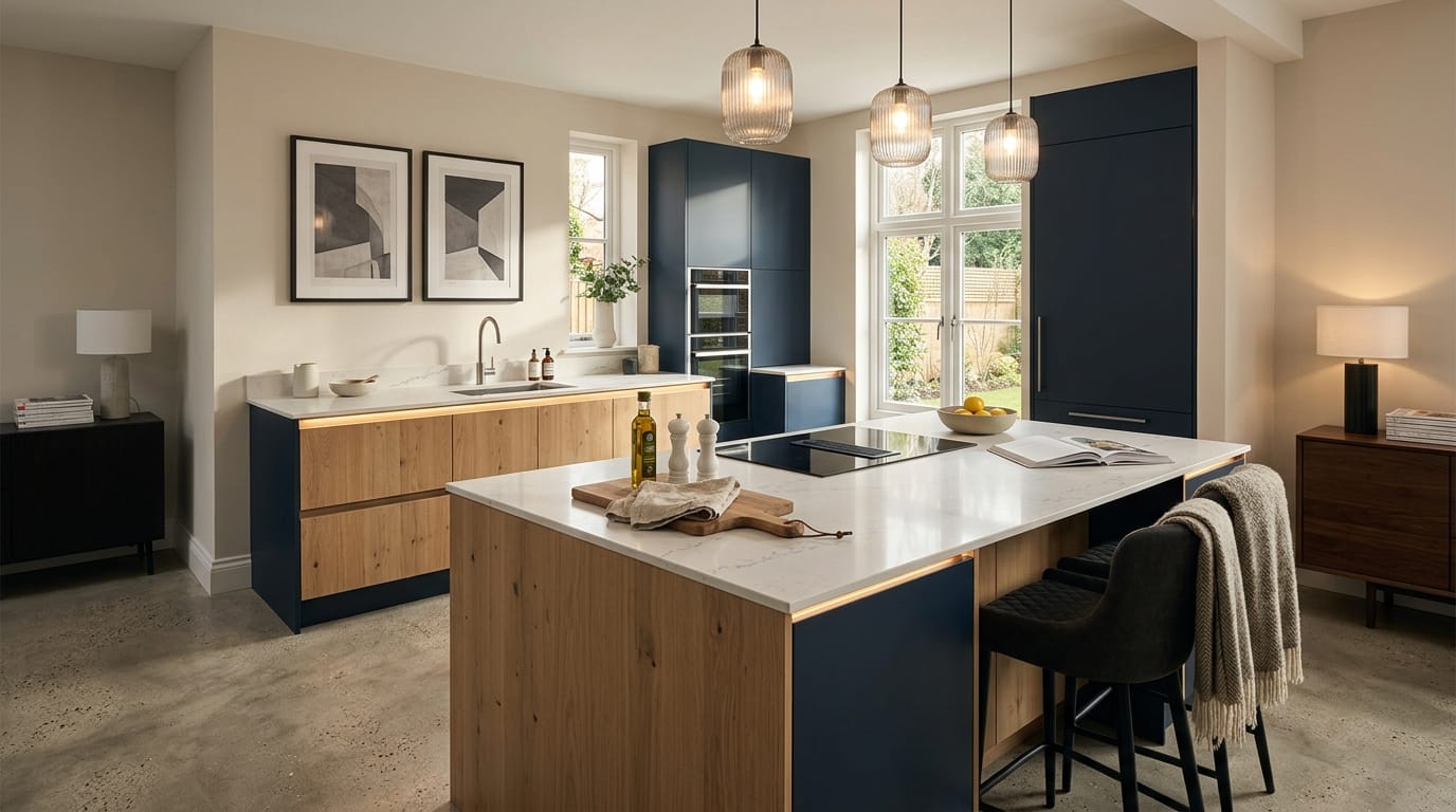 Wide view of a bespoke Mastercraft kitchen, modern shaker cabinetry in marine tones