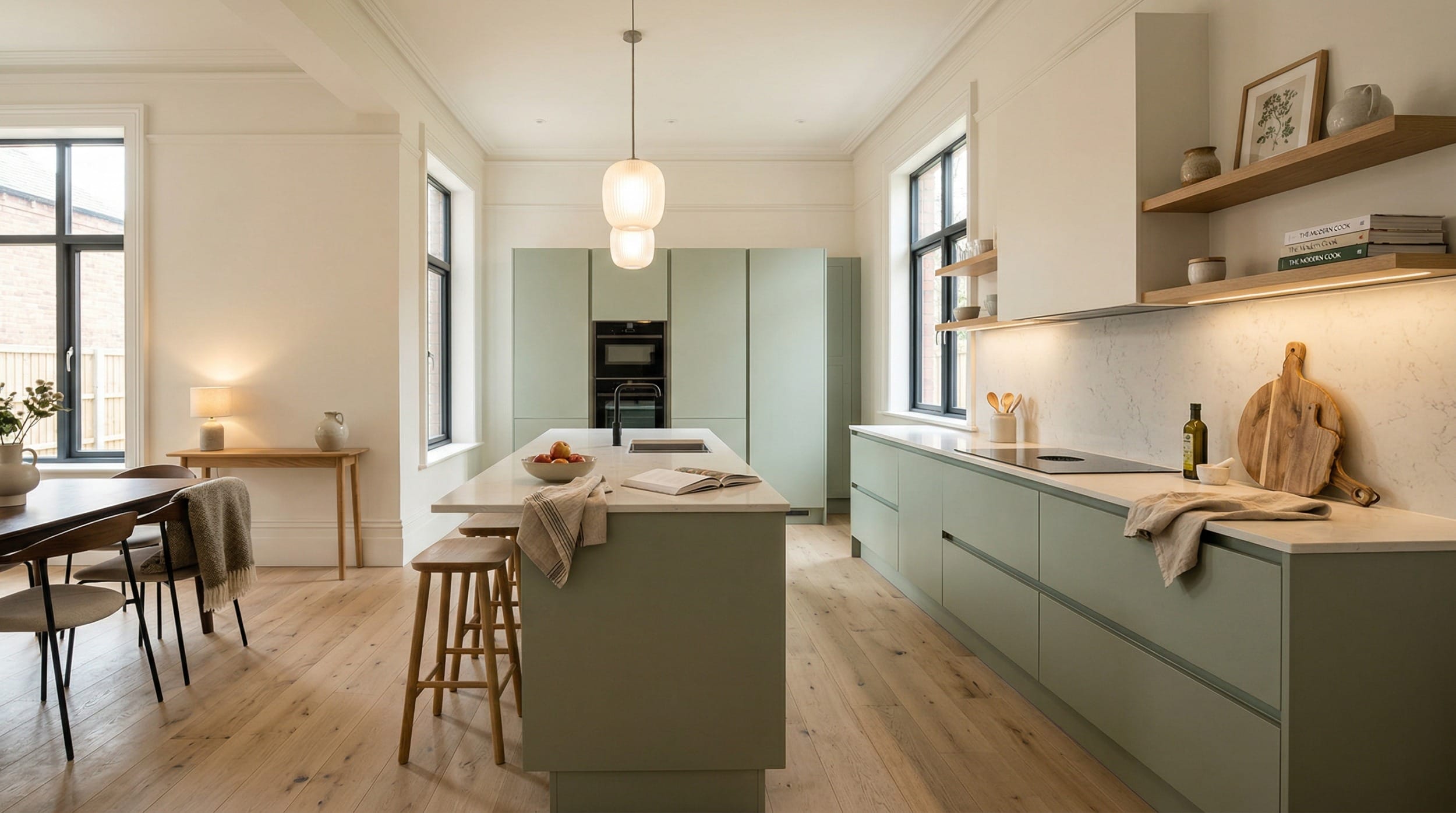 Sage green Mastercraft kitchen with minimalist island and light wood flooring