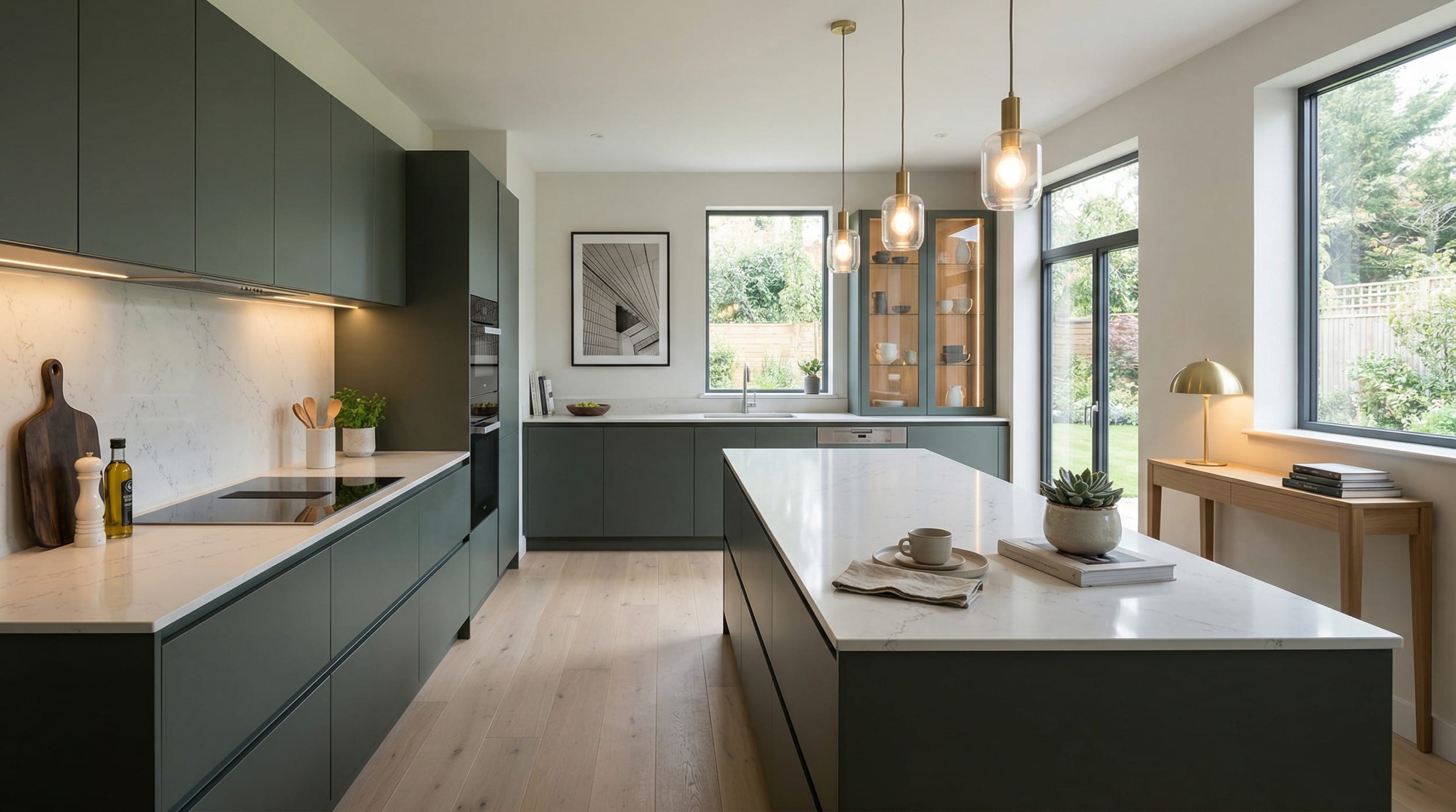 Modern Mastercraft kitchen with matt green units, white worktops and gold pendant lights