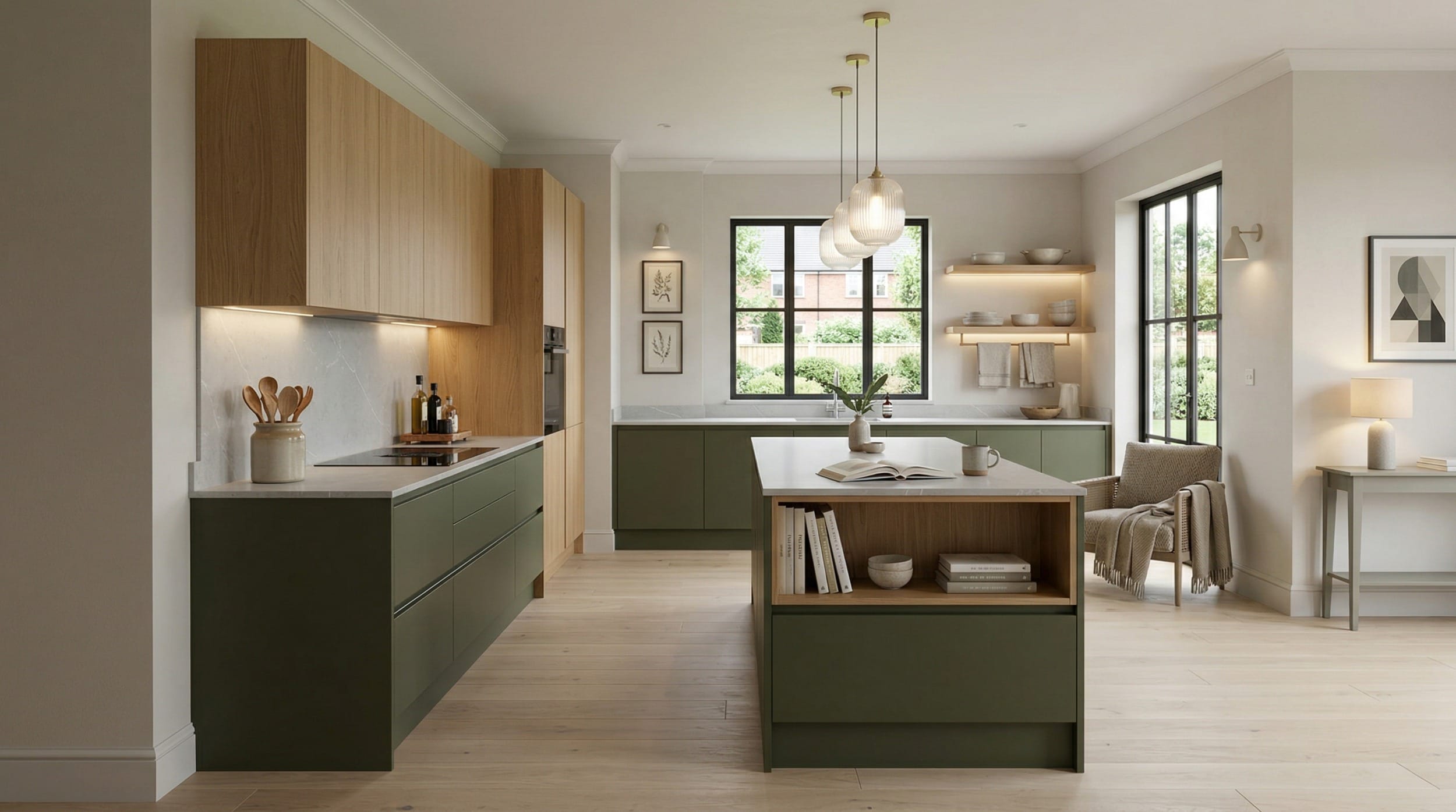 Wide view of a bespoke Mastercraft kitchen, contemporary painted lay-on cabinetry in taupe grey tones