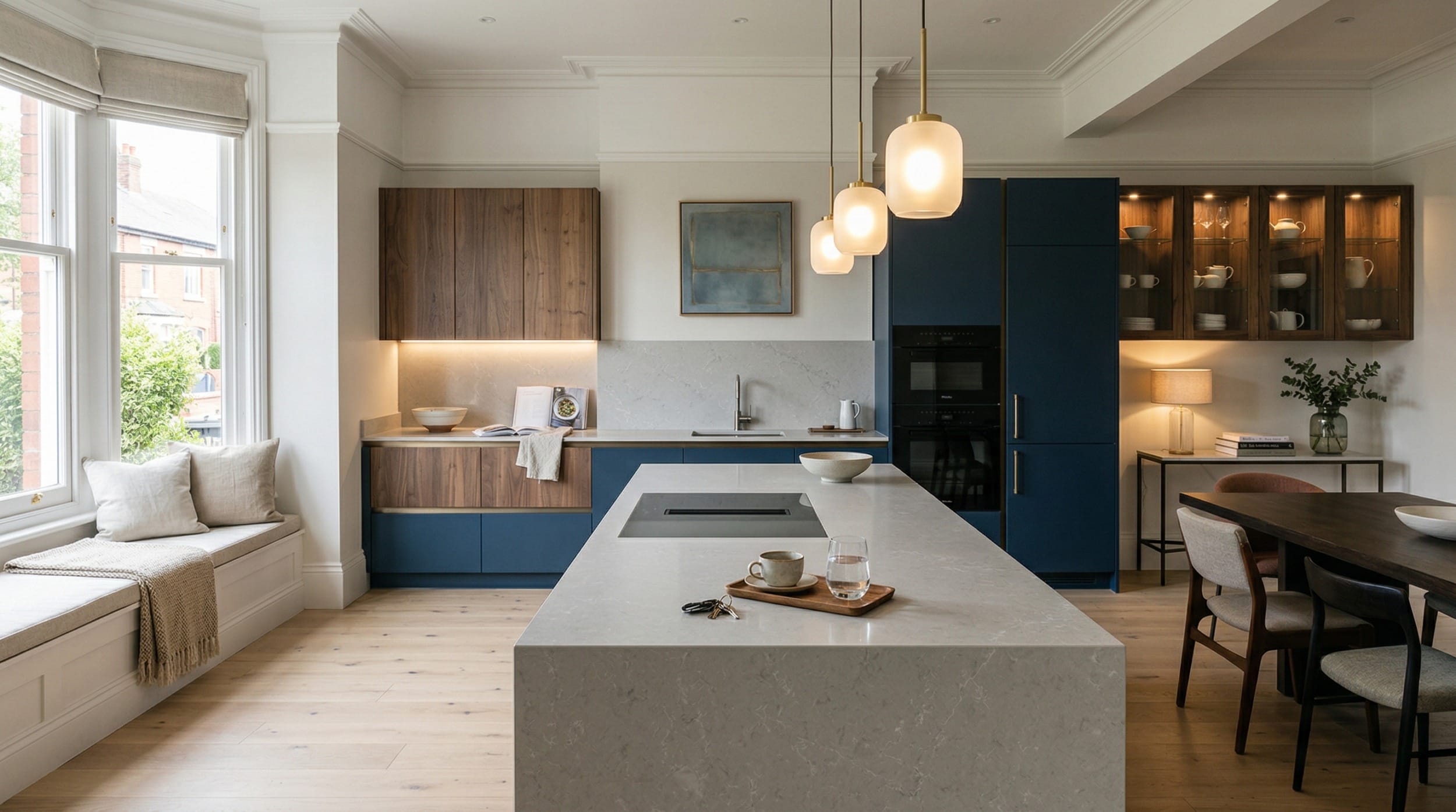 hero_1200x675-365 Modern kitchen with blue accents, marble island, pendant lights and window seat