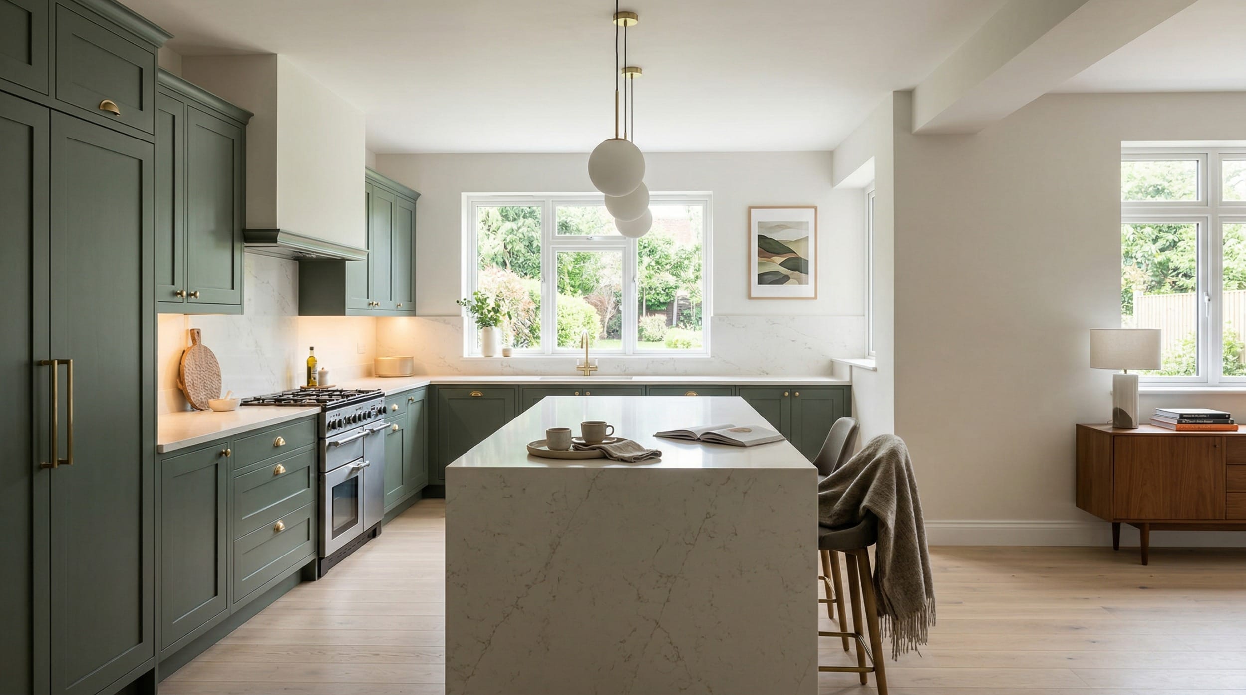 hero_1200x675-366 sage green kitchen units with white marble island and globe pendant lights