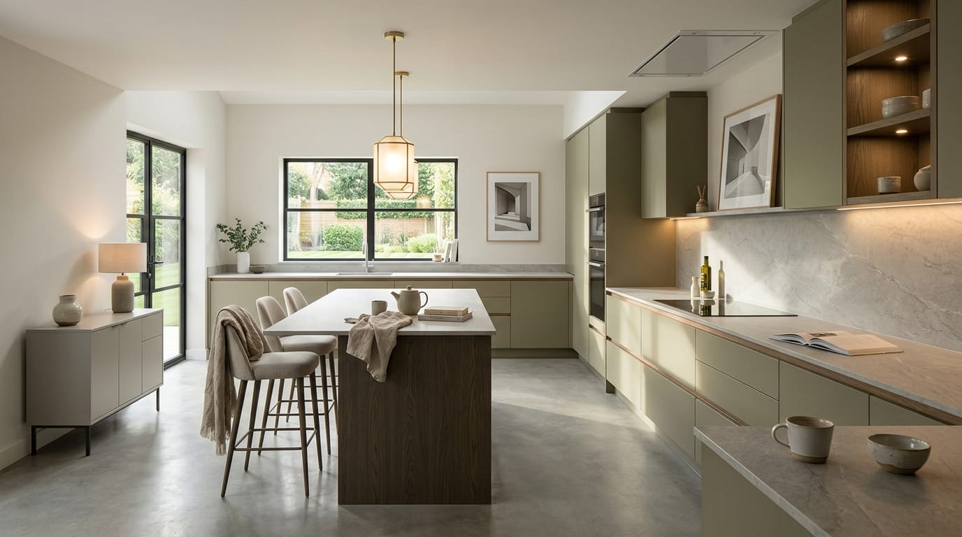 hero_1200x675-367 Modern Mastercraft kitchen with sage green units, marble worktops and wood island