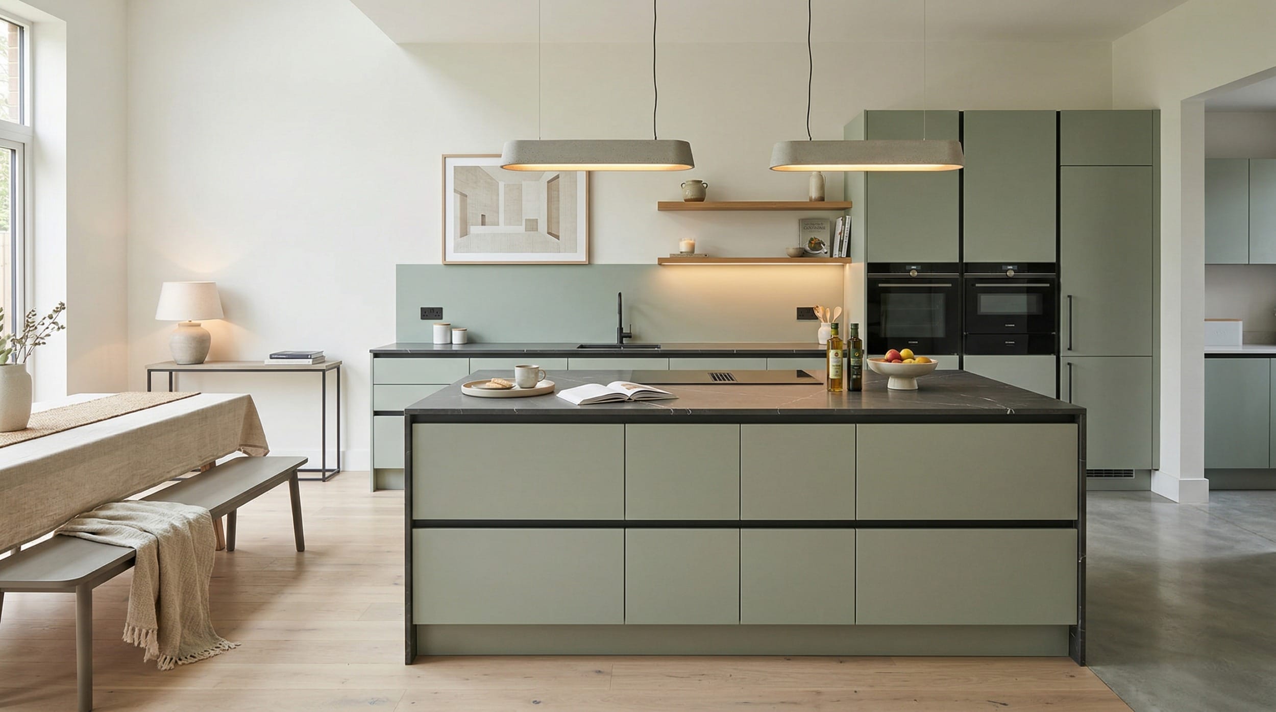 Wide view of a bespoke Mastercraft kitchen, modern shaker cabinetry in stone grey tones