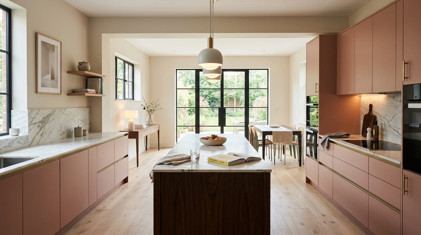 Wide view of a newly completed bespoke Mastercraft kitchen, matt painted handleless slab cabinetry in dust grey tones