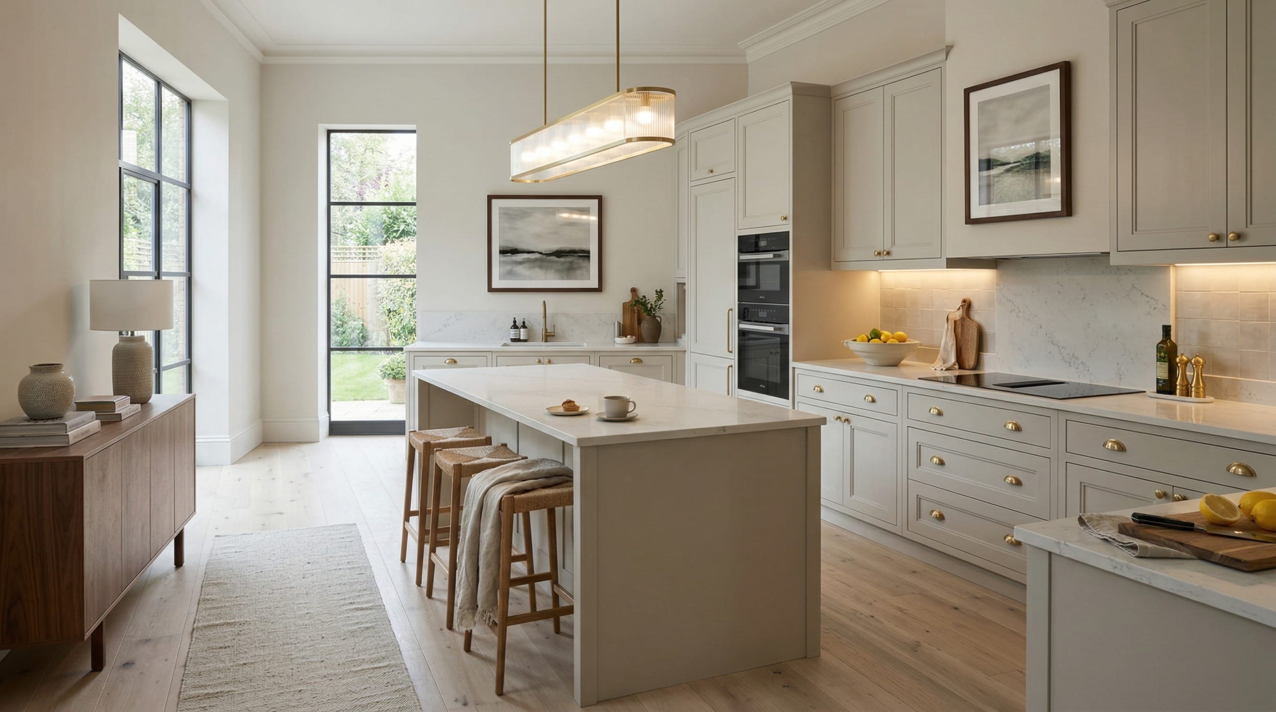 light kitchen with marble worktops, island seating and large black-framed windows