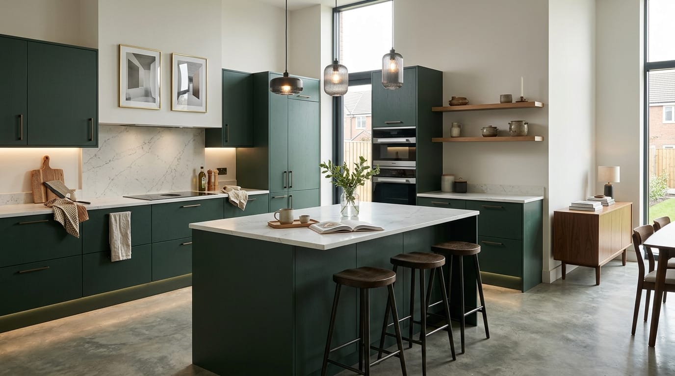 Wide view of a bespoke Mastercraft kitchen, timber veneer slab-door cabinetry in light teal tones