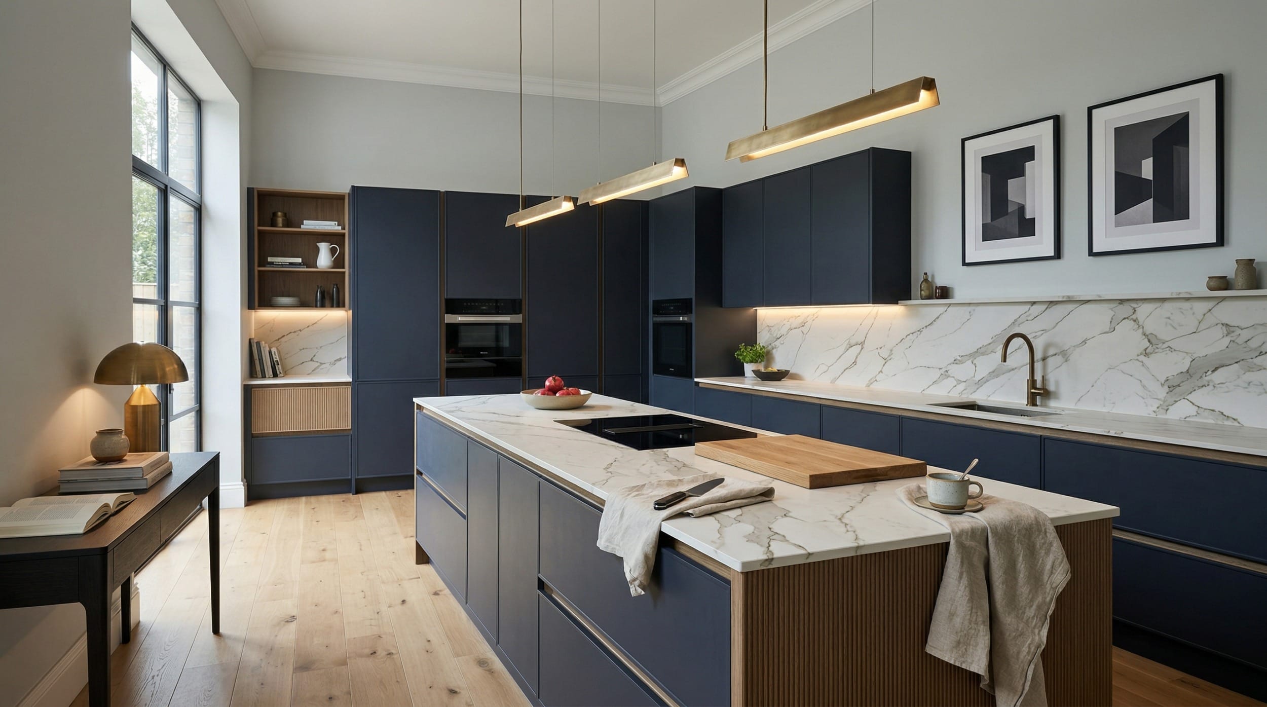 hero_1200x675-372 Navy kitchen with marble worktops, gold lighting, and geometric wall art