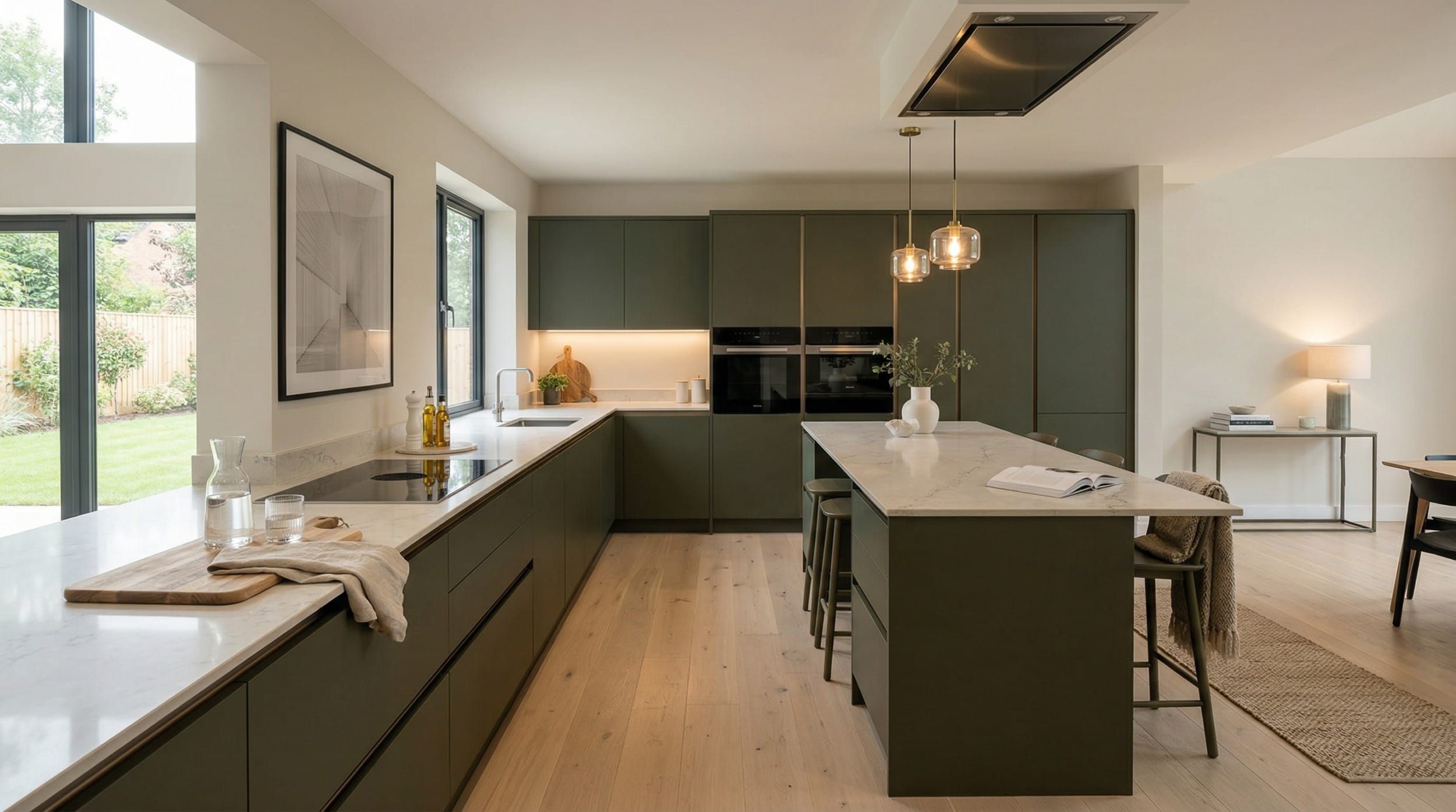 Olive green kitchen with marble worktops, pendant lights and wide plank wood flooring