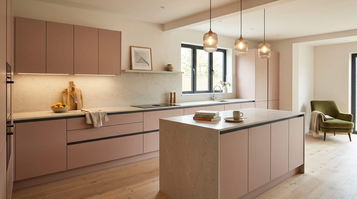 Wide view of a bespoke Mastercraft kitchen, contemporary painted lay-on cabinetry in slate blue tones