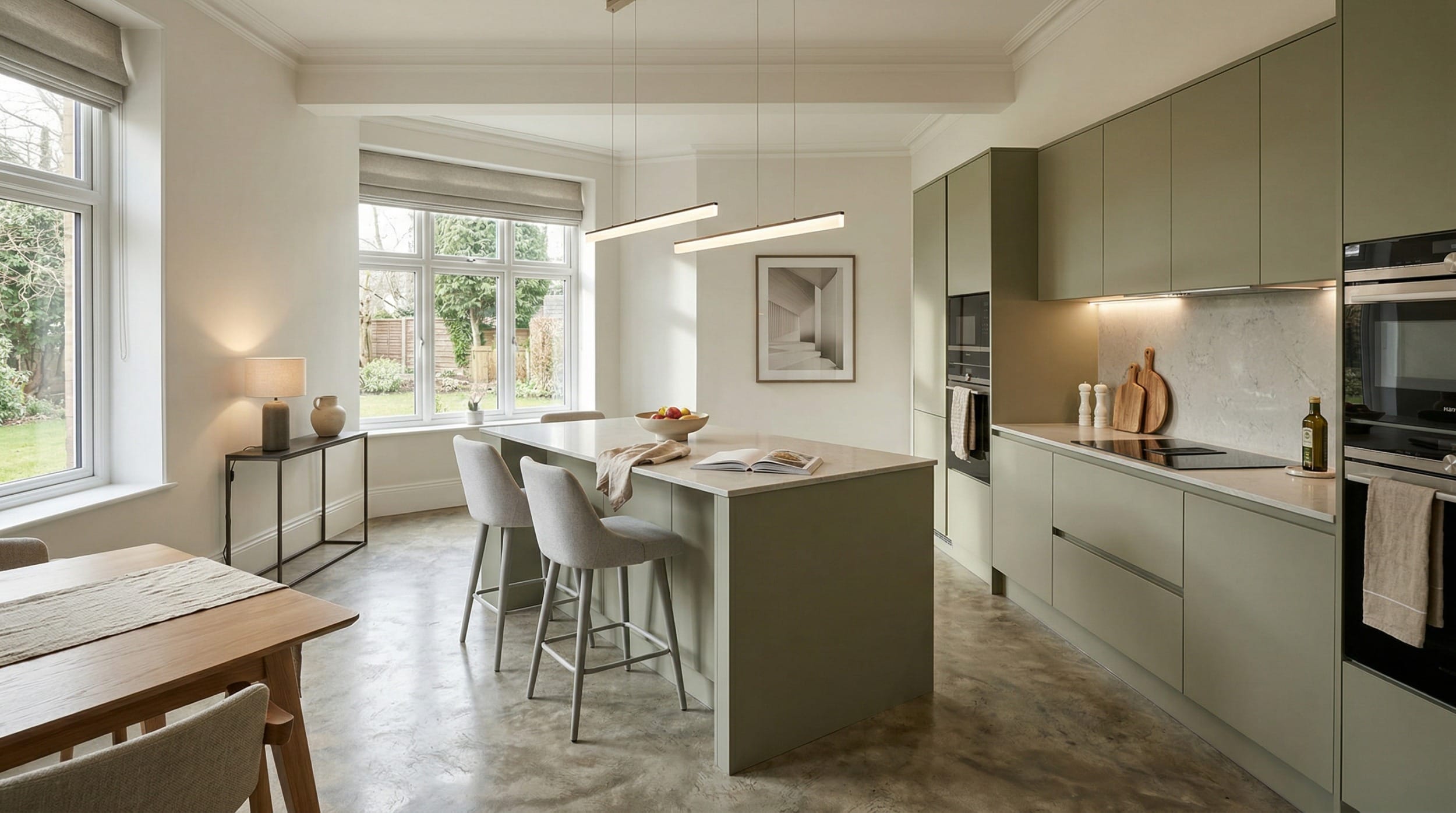 hero_1200x675-375 Wide view of a bespoke Mastercraft kitchen, contemporary painted lay-on cabinetry in sage green tones