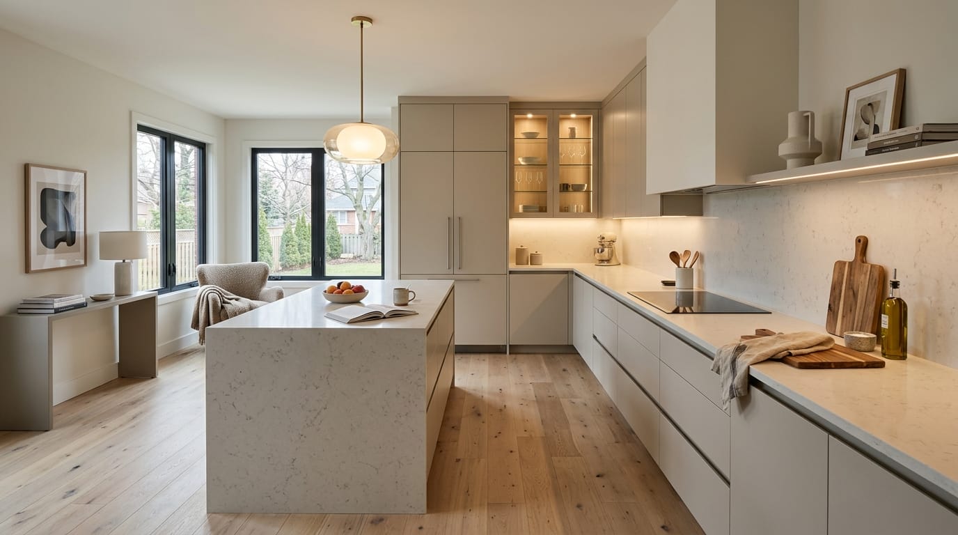 hero_1200x675-376 Modern kitchen with light wood flooring and marble island under globe pendant light