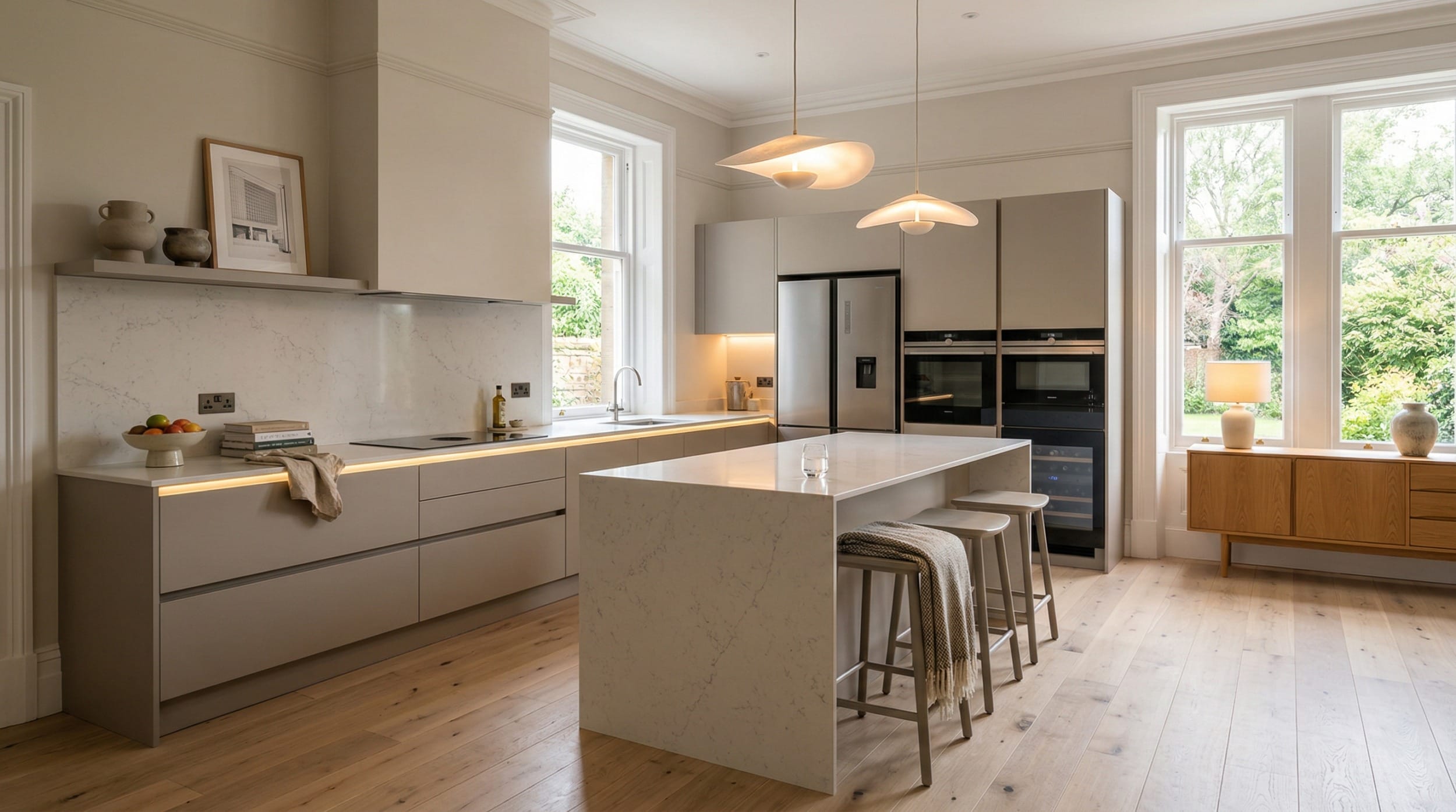 hero_1200x675-378 Modern kitchen with marble island, pale cabinets, pendant lights and large windows