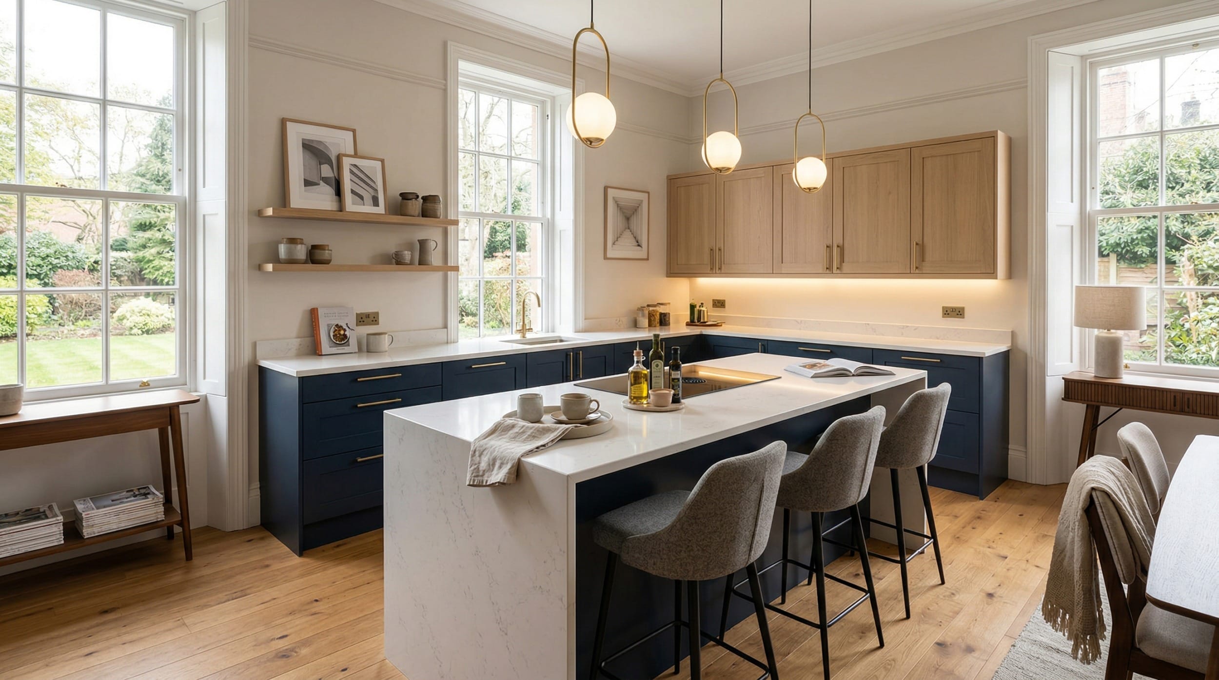hero_1200x675-379 Wide view of a bespoke Mastercraft kitchen, modern shaker cabinetry in parisian blue tones