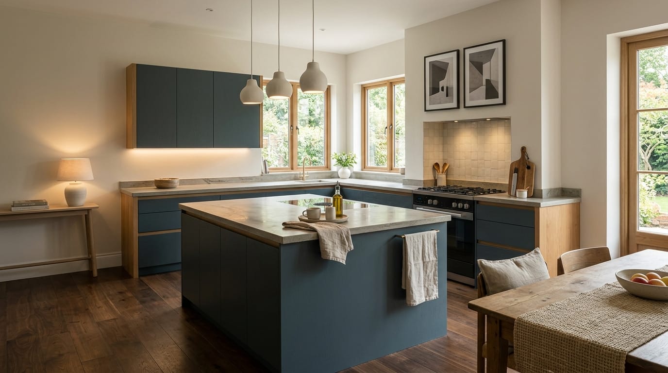 hero_1200x675-38 Wide view of a newly completed bespoke Mastercraft kitchen, modern shaker cabinetry in taupe grey tones