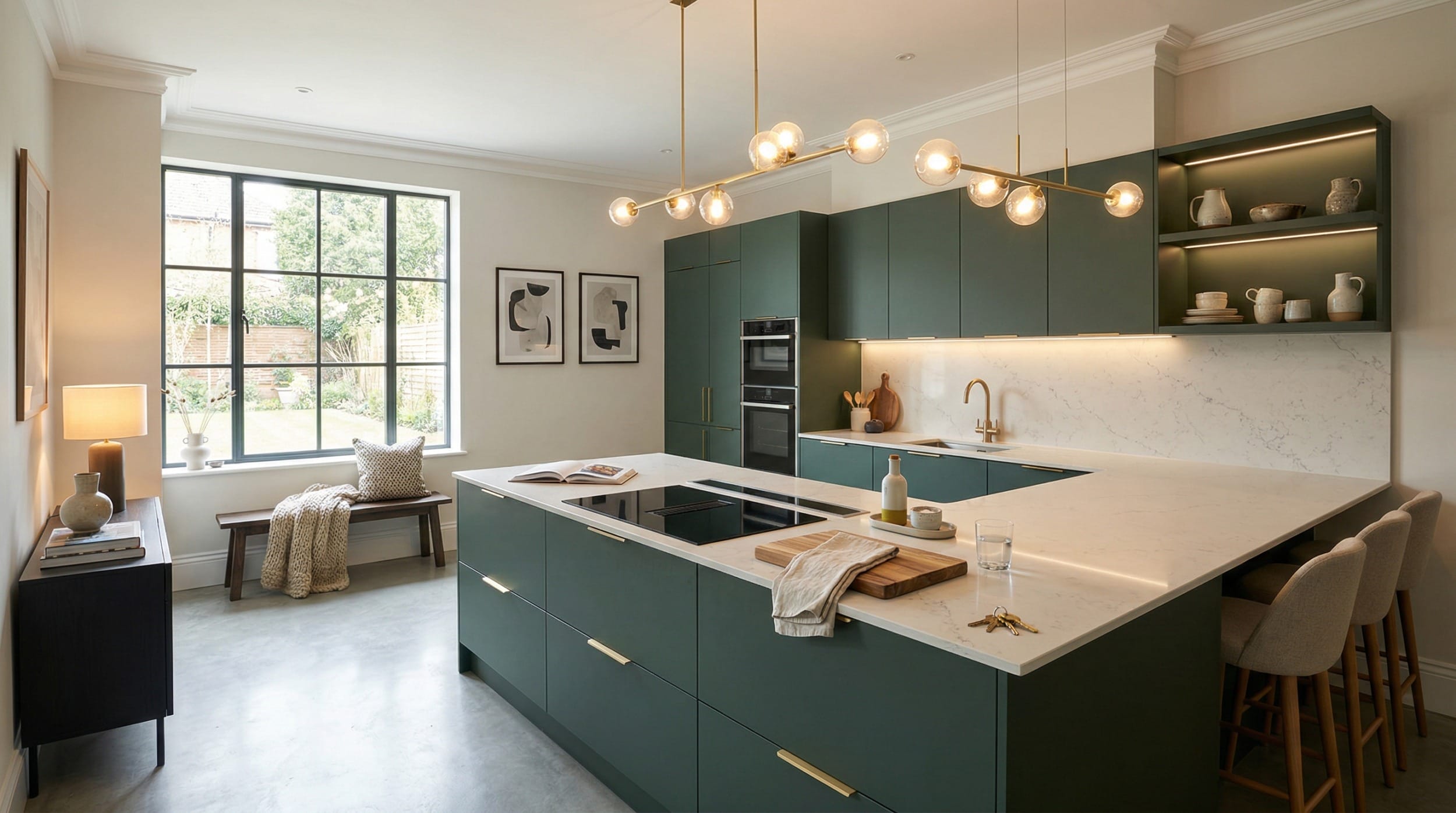 matte green kitchen units with white marble worktops and gold pendant lighting