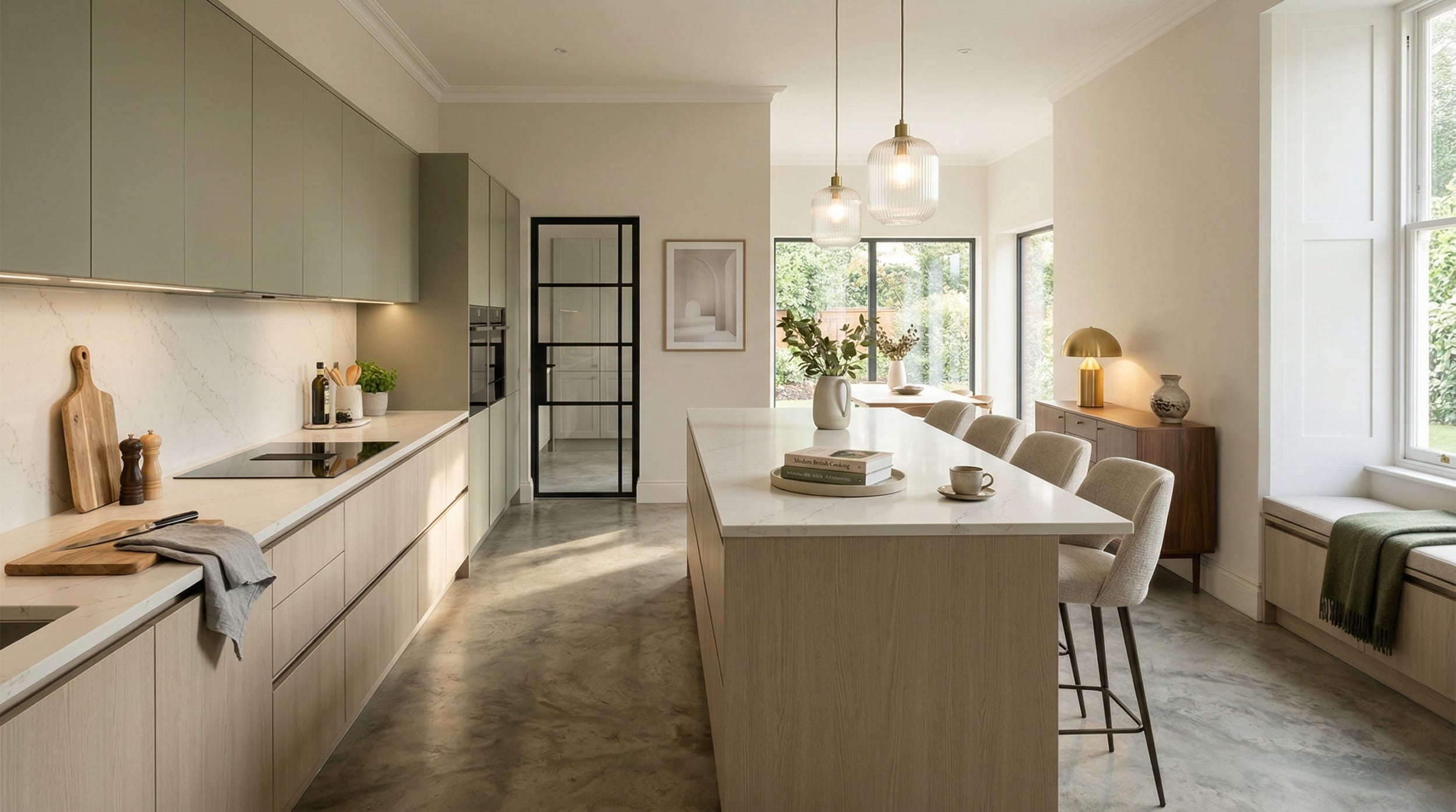 Light wood kitchen with marble worktops and sage green upper cabinets