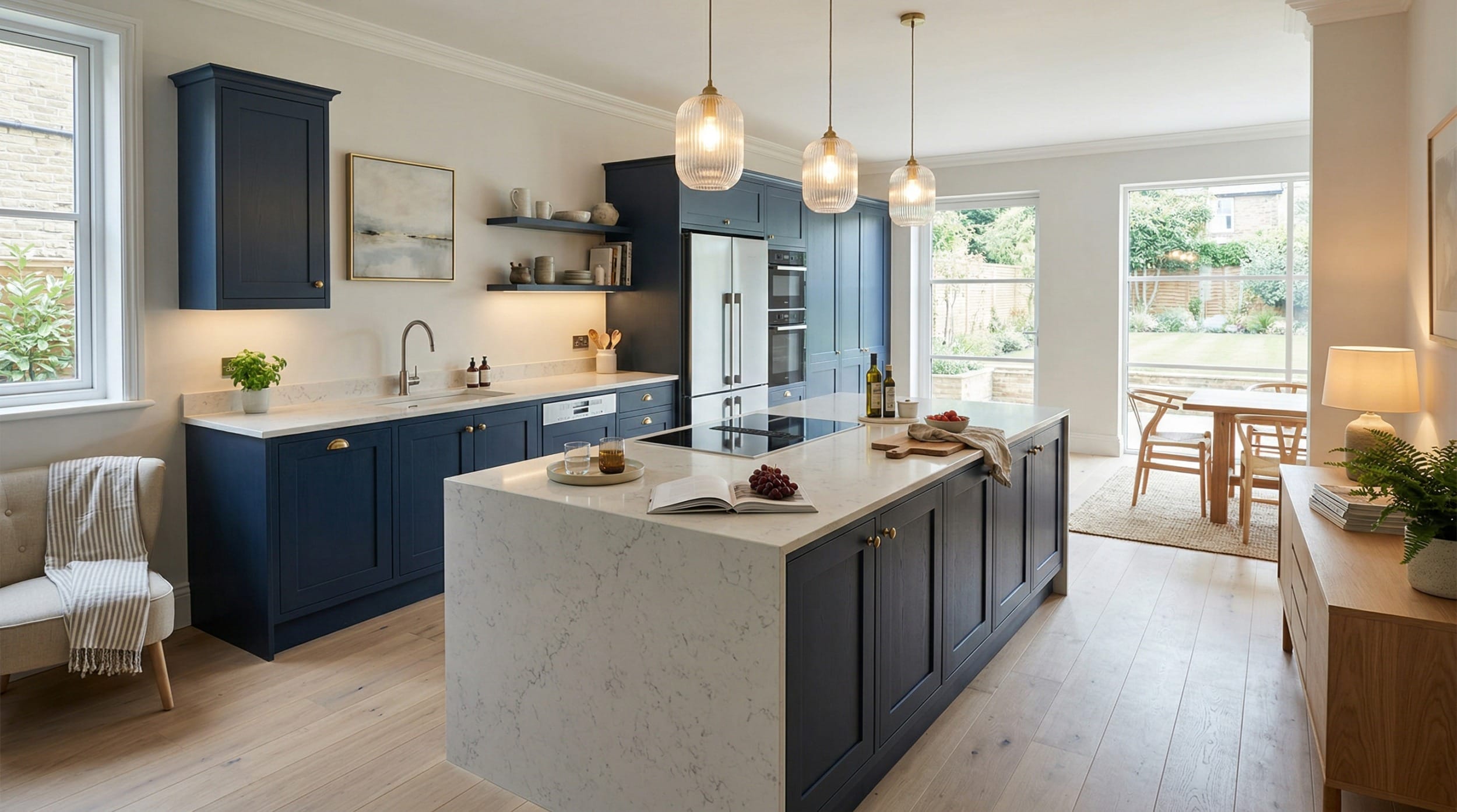 navy blue kitchen units with marble island and trio of pendant lights