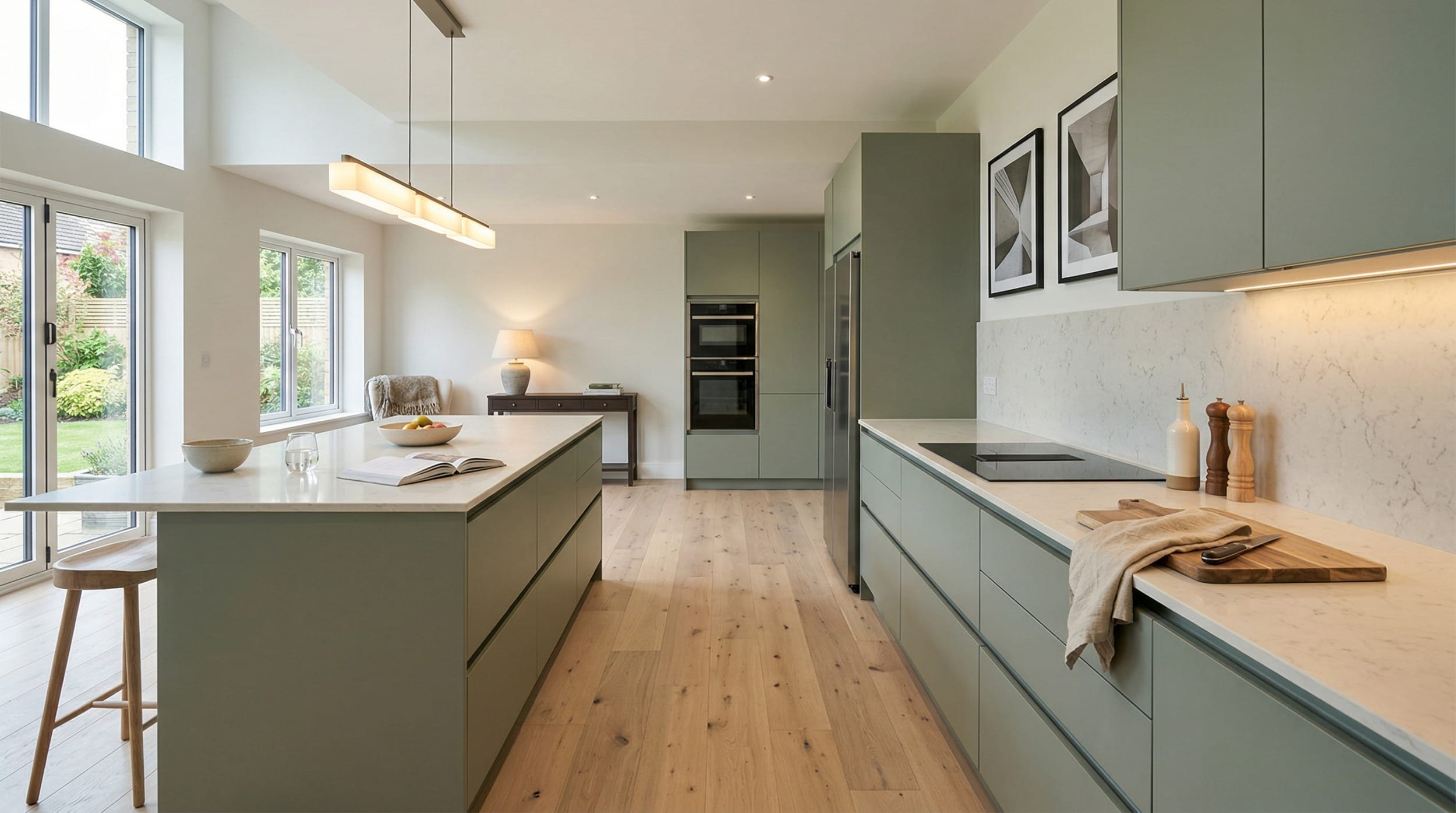 sage green kitchen units with white marble worktops and light wood flooring