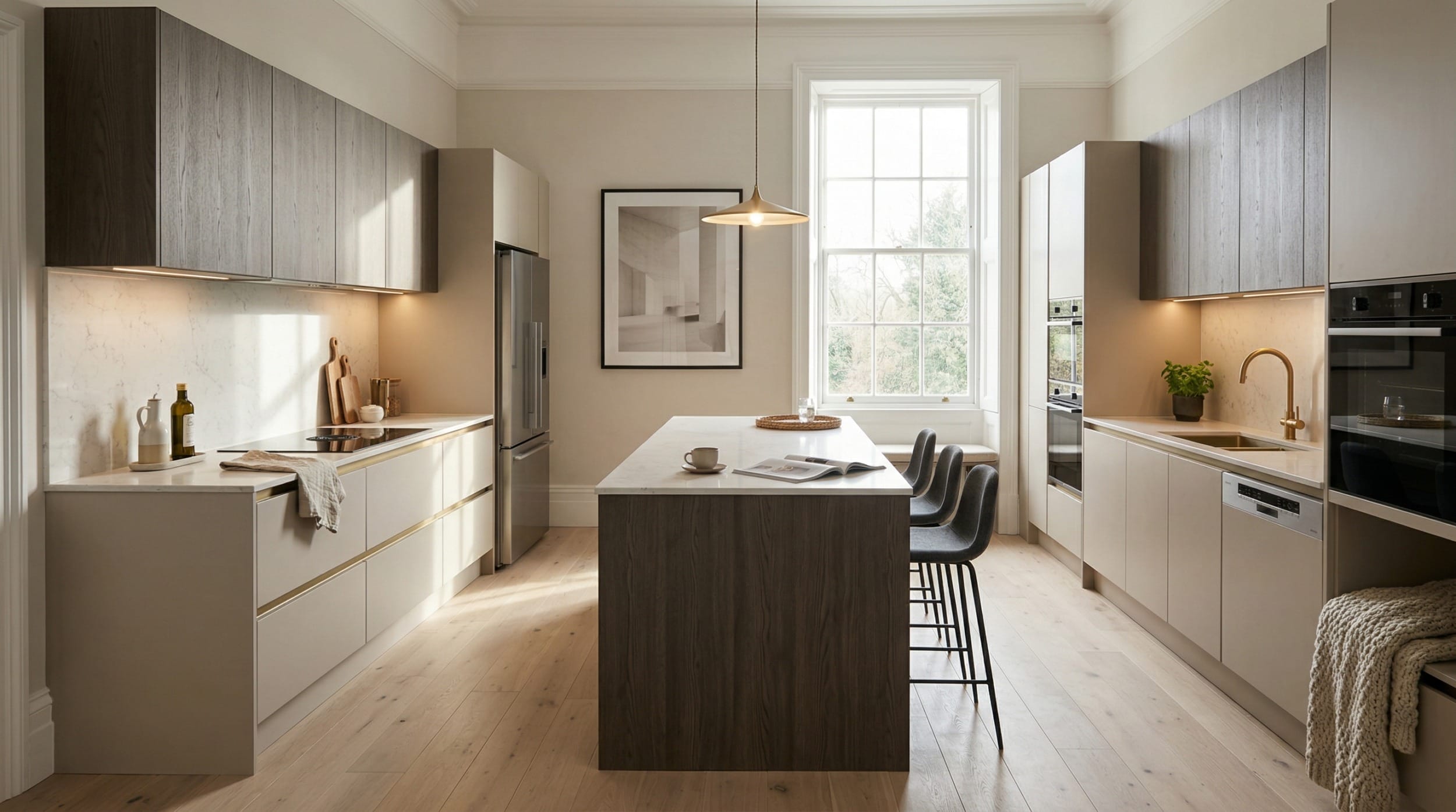 Wide view of a bespoke Mastercraft kitchen, timber veneer slab-door cabinetry in monument grey tones