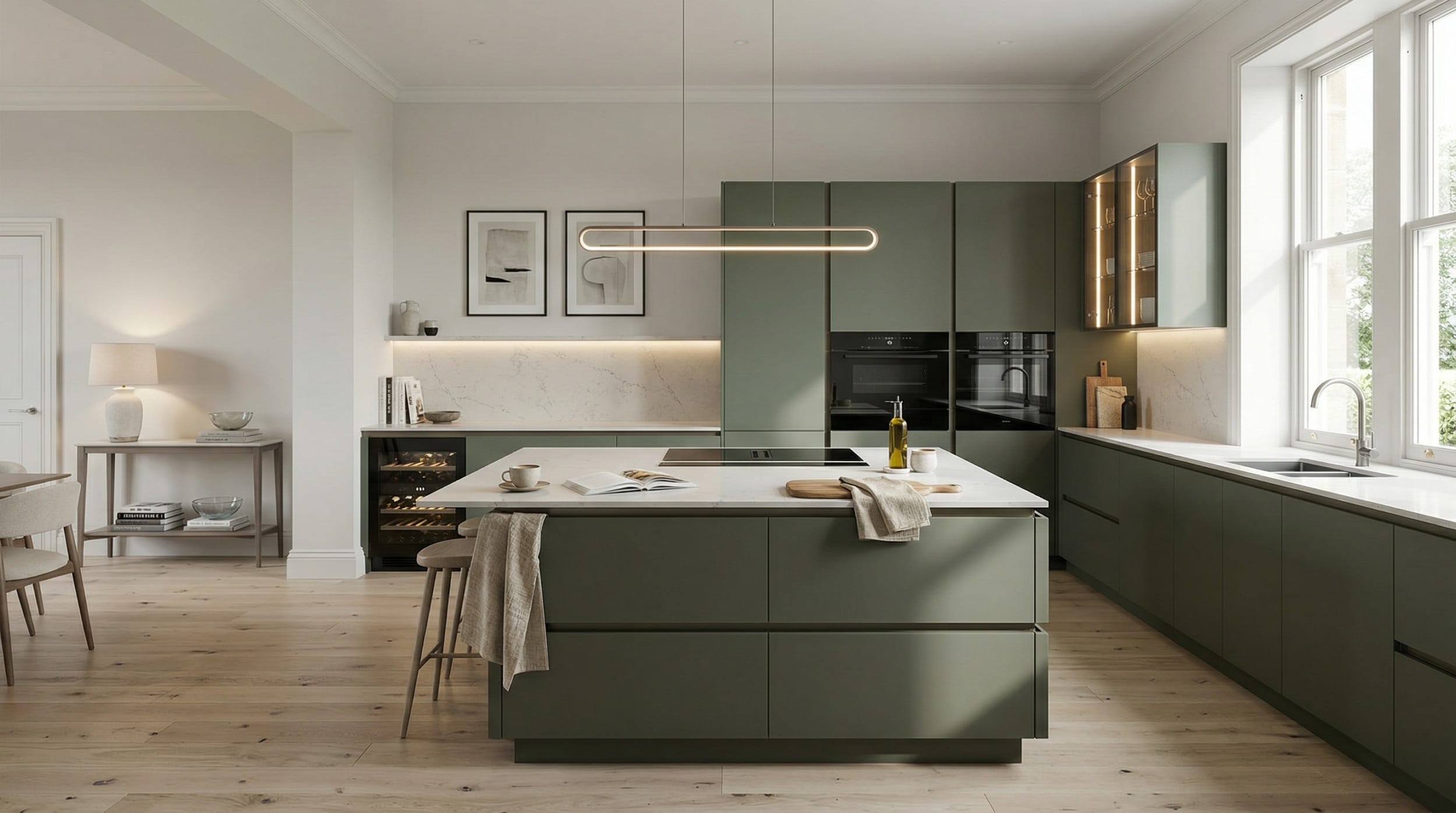 sage green kitchen with minimalist island and modern pendant light