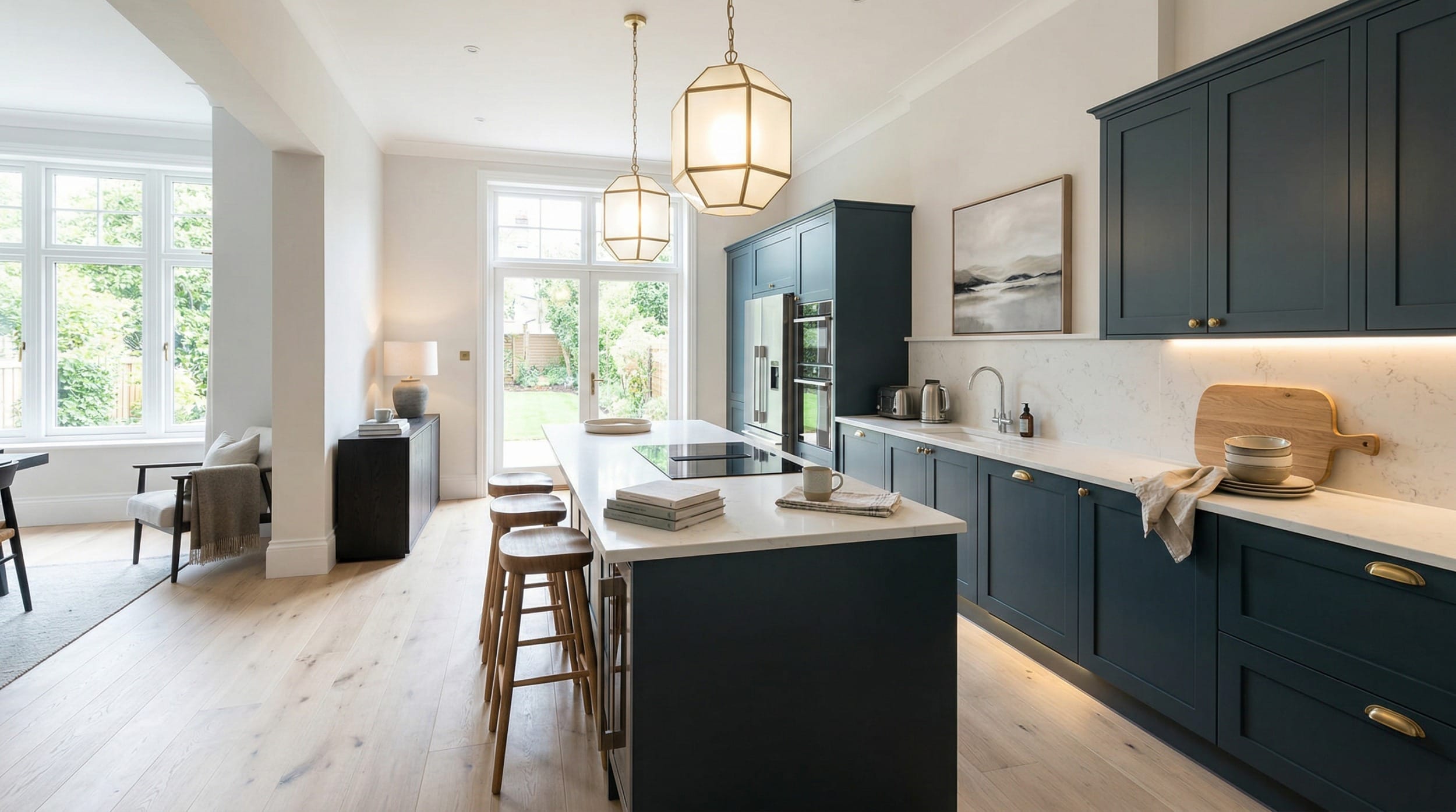 Wide view of a bespoke Mastercraft kitchen, modern shaker cabinetry in airforce tones