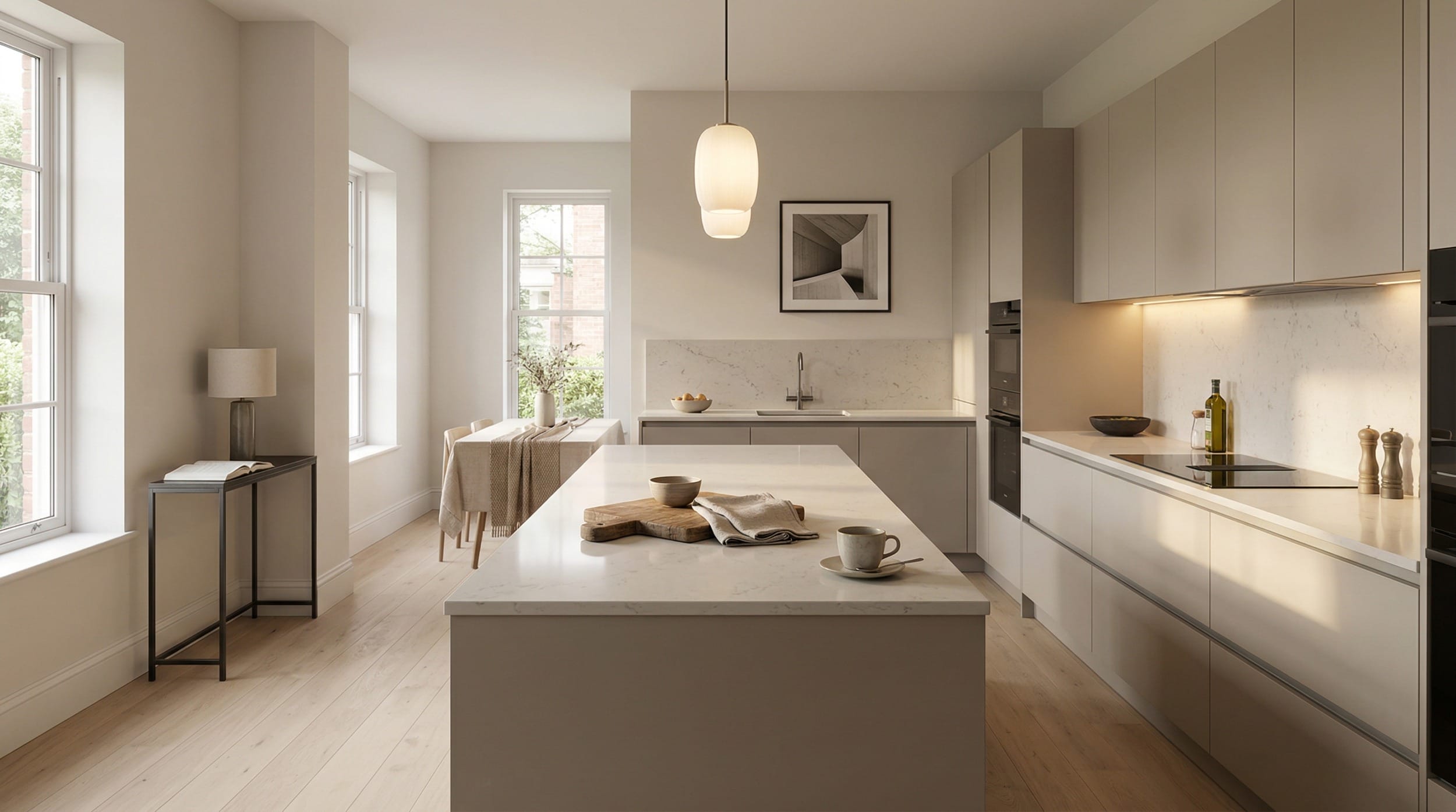 Minimalist kitchen with light wood flooring and marble island under pendant light