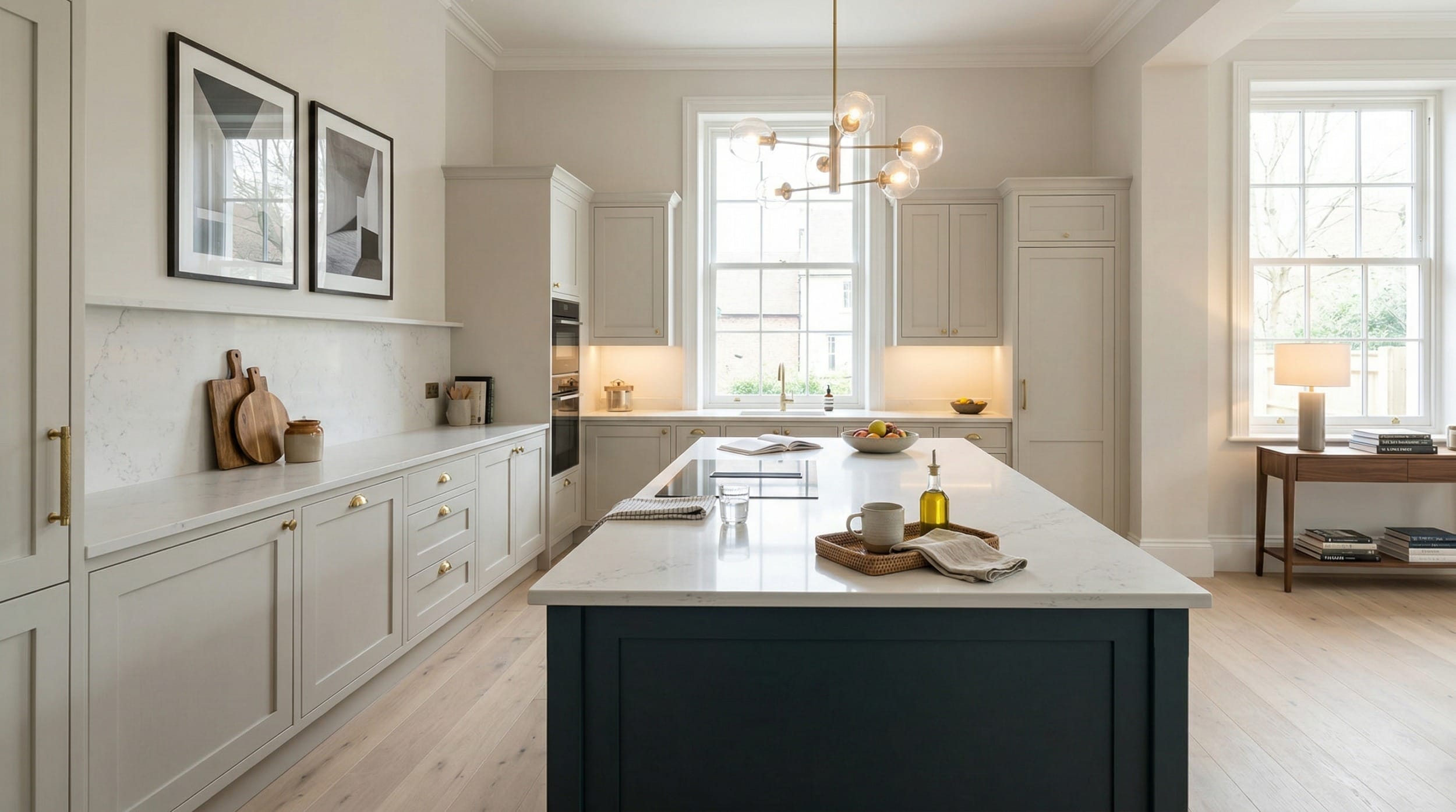hero_1200x675-389 Wide view of a bespoke Mastercraft kitchen, modern shaker cabinetry in marine tones