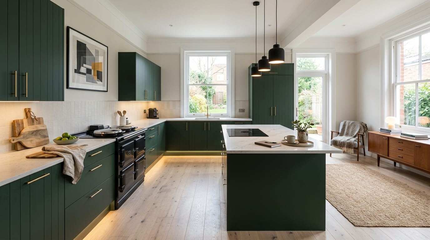 Wide view of a newly completed bespoke Mastercraft kitchen, contemporary in-frame cabinetry in porcelain tones