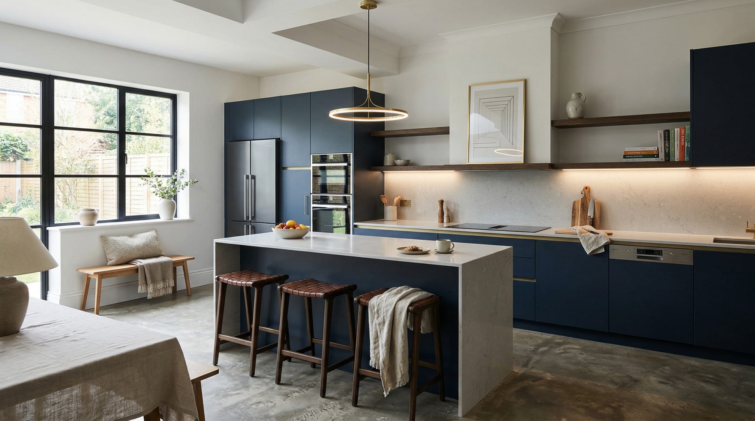 hero_1200x675-390 Wide view of a bespoke Mastercraft kitchen, matt painted handleless slab cabinetry in shell tones