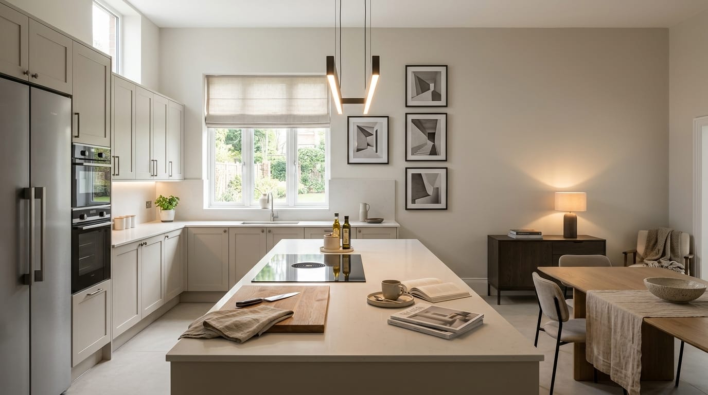 hero_1200x675-391 Wide view of a bespoke Mastercraft kitchen, matt painted handleless slab cabinetry in stone tones
