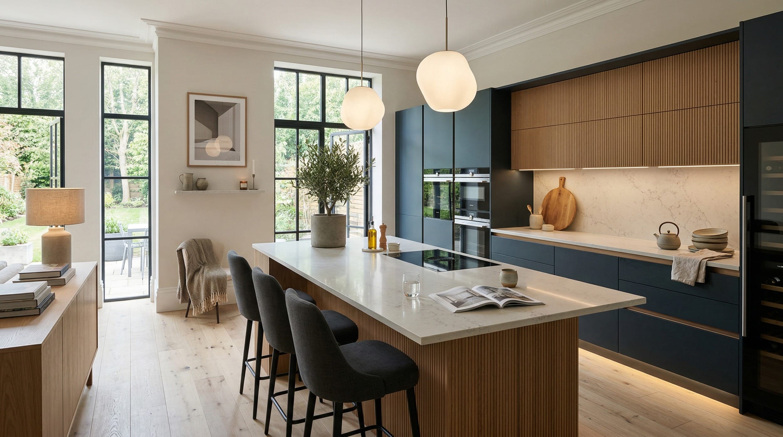 hero_1200x675-393 Modern kitchen with navy cabinets, marble surfaces, and ribbed wood accents