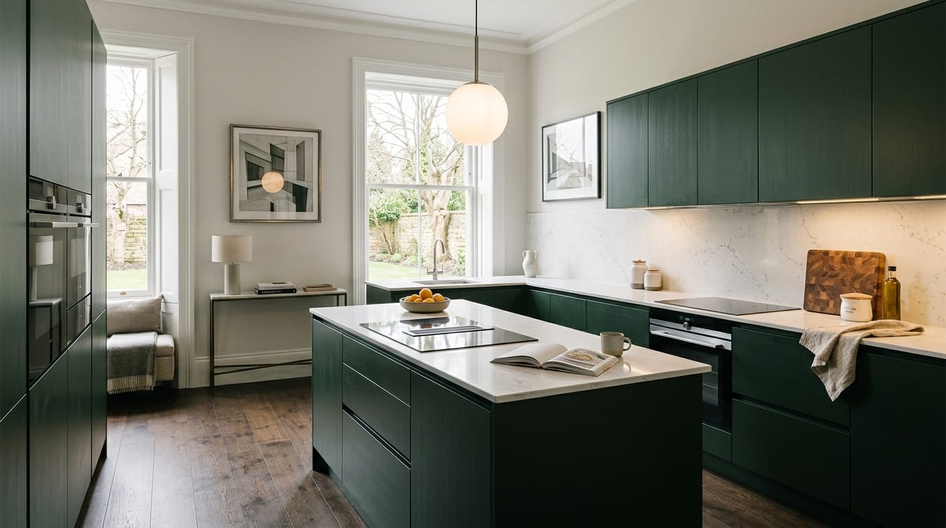 dark green kitchen units with white marble worktops and globe pendant light