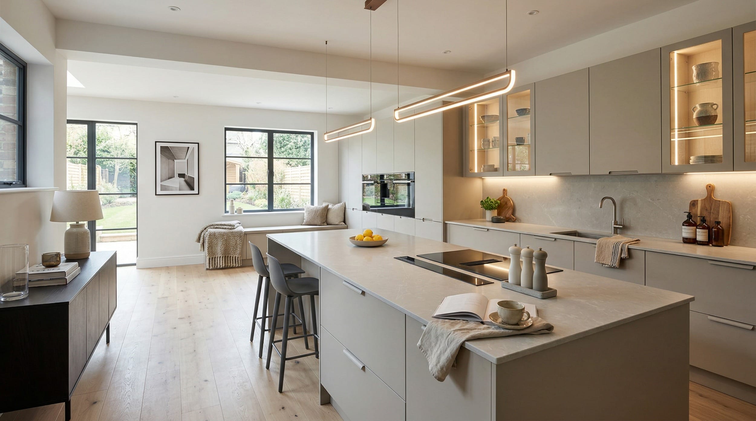 Modern kitchen with pale cabinets, island seating and long pendant lights