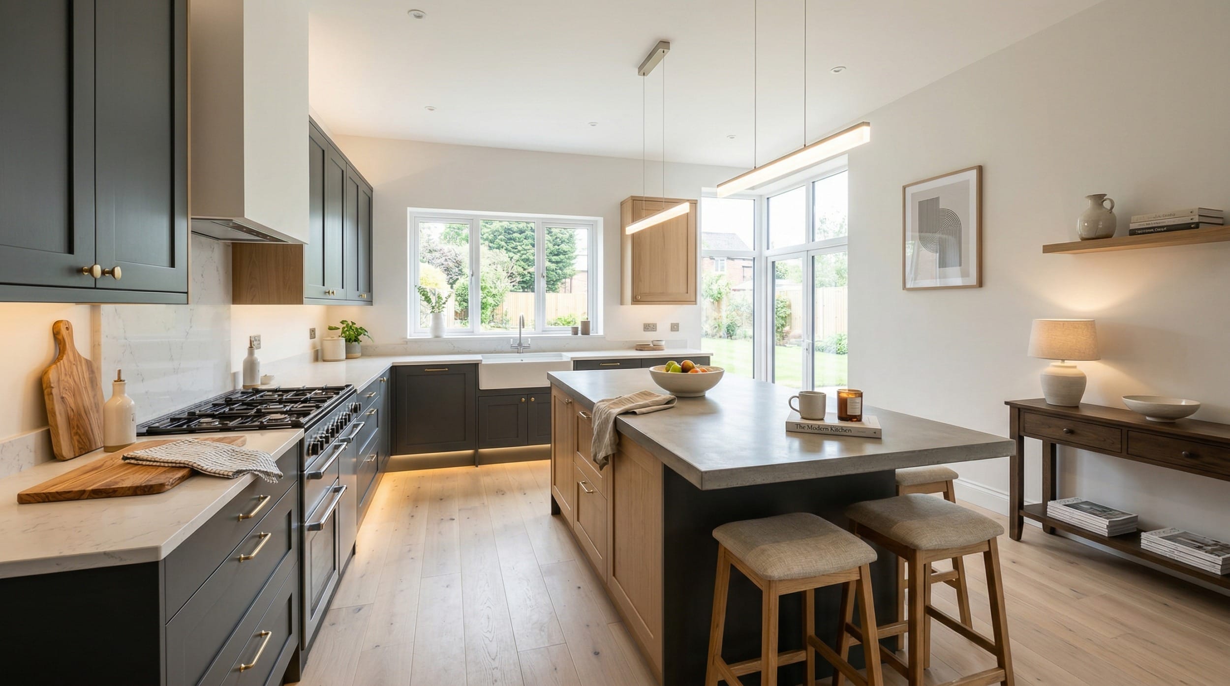 modern kitchen with dark green cabinets, light wood island and large windows