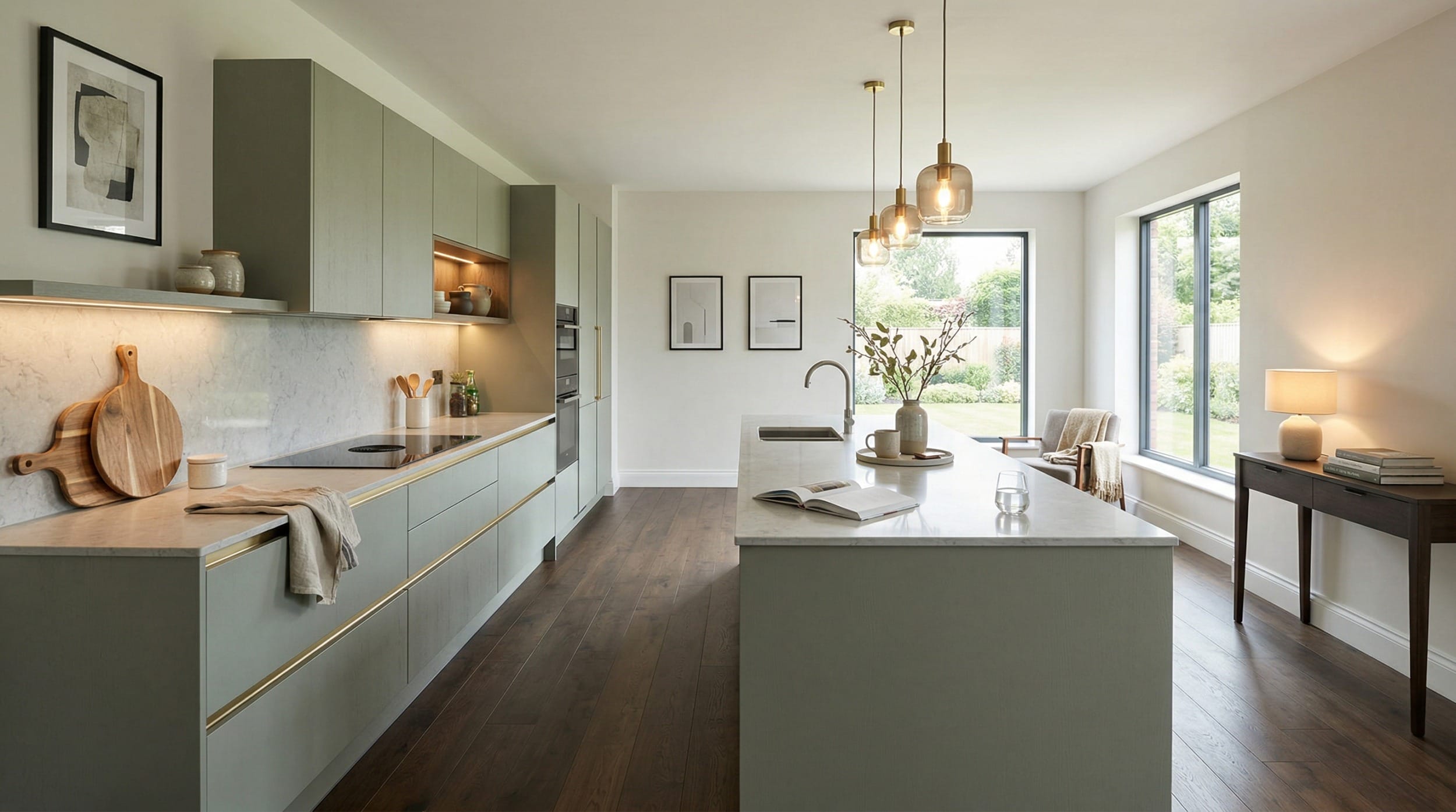 hero_1200x675-399 Wide view of a bespoke Mastercraft kitchen, modern shaker cabinetry in light teal tones